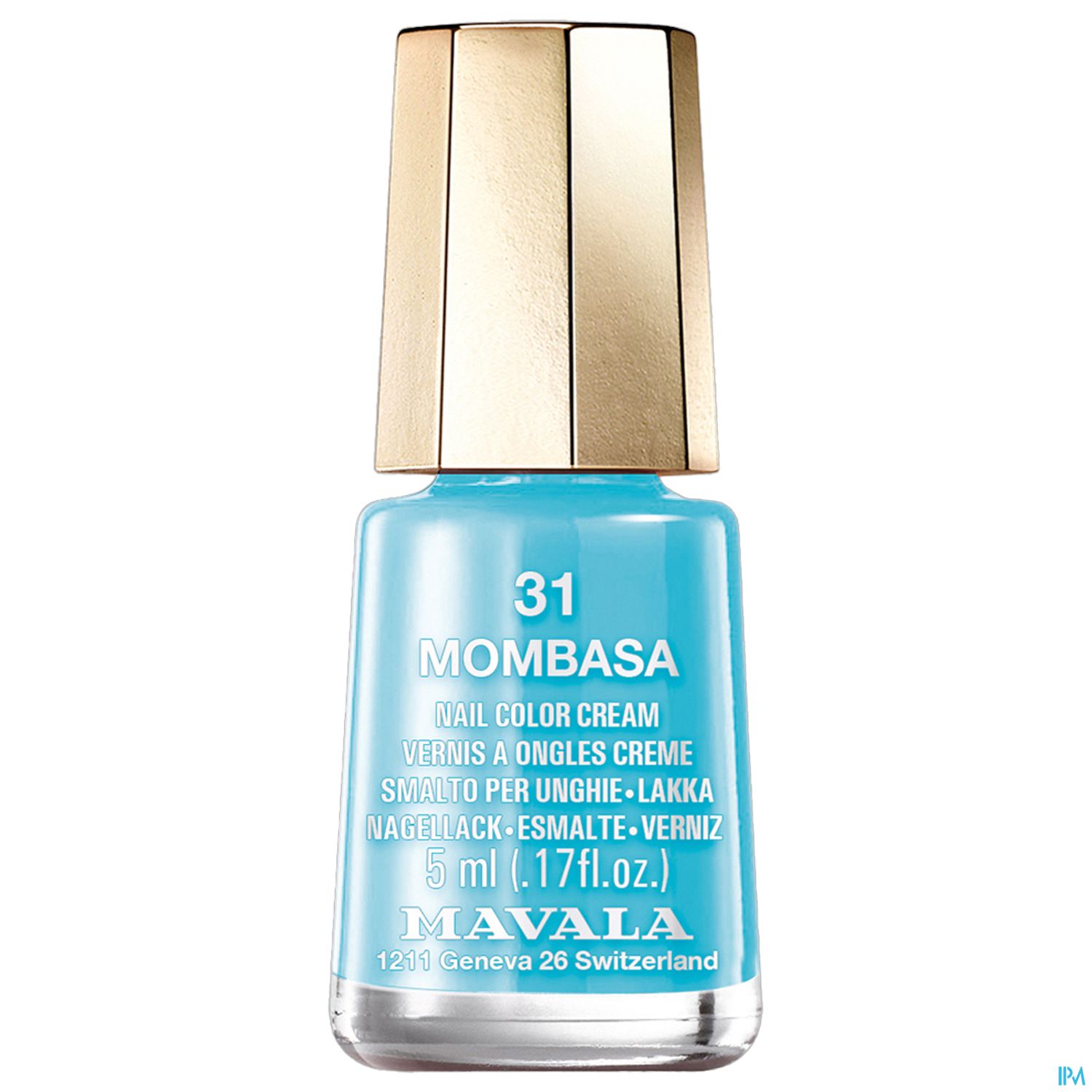 Nagellackflasche in hellblauer Farbe mit goldenem Deckel, beschriftet mit "31 MOMBAZA" und Produktinformationen.