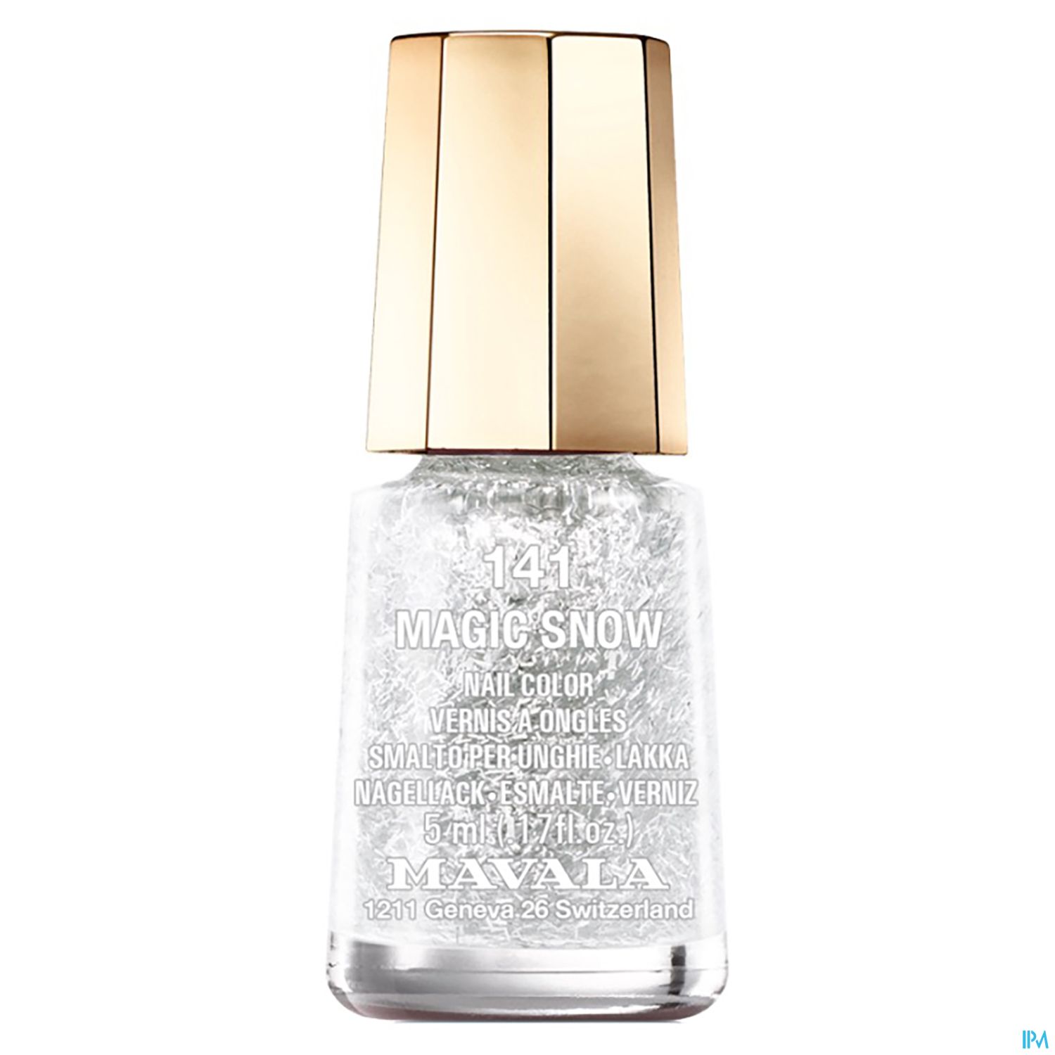 Flasche mit Mavala Nagellack "Magic Snow", 5 ml, transparent mit glitzernden Partikeln und goldenem Deckel.