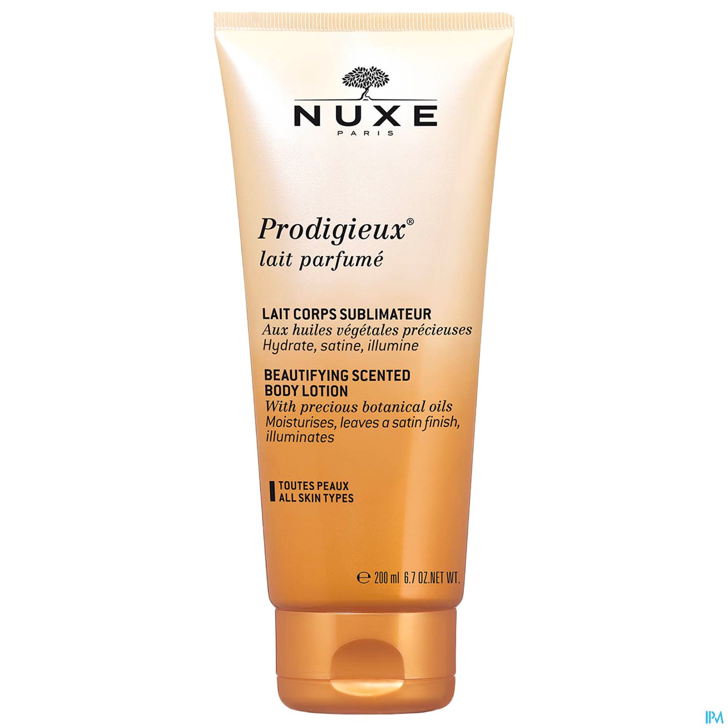 Eine goldfarbene Tube mit der Aufschrift "NUXE Prodigieux lait parfumé" für eine duftende Körperlotion.