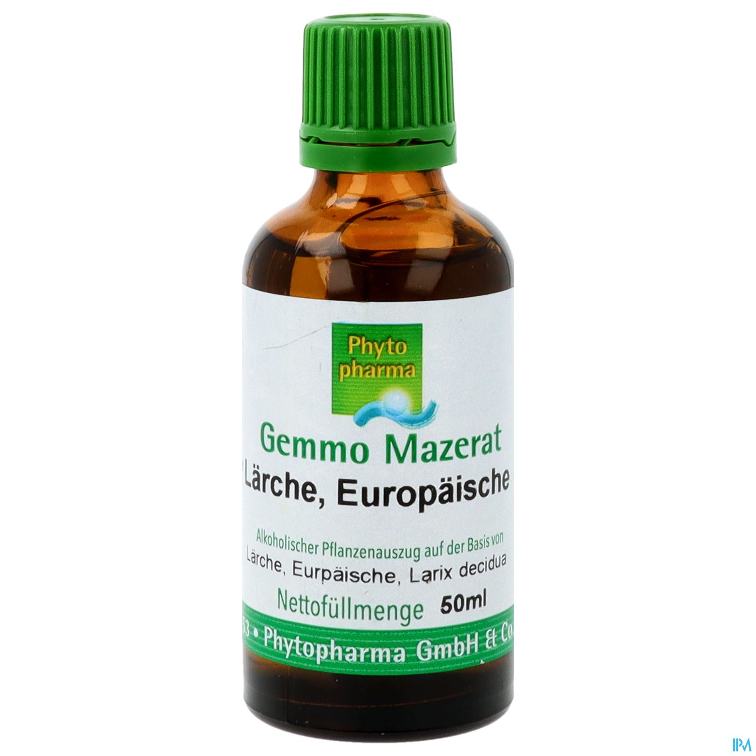 Braune Flasche mit grünem Schraubverschluss, beschriftet mit "Gemmo Mazerat Lärche, Europäische", 50 ml.