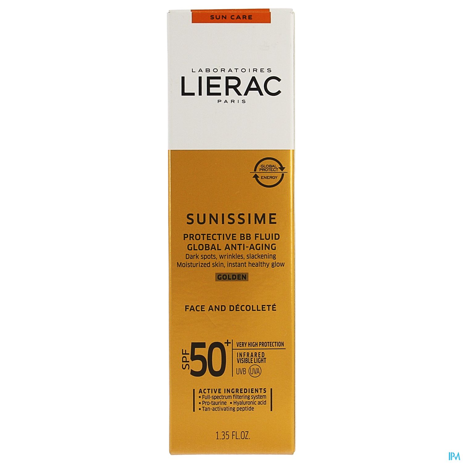 Verpackung eines Sonnenschutzmittels mit der Bezeichnung "Lierac Sunissime Protective BB Fluid" in goldenem Design, geeignet für Gesicht und Dekolleté, mit SPF 50+.