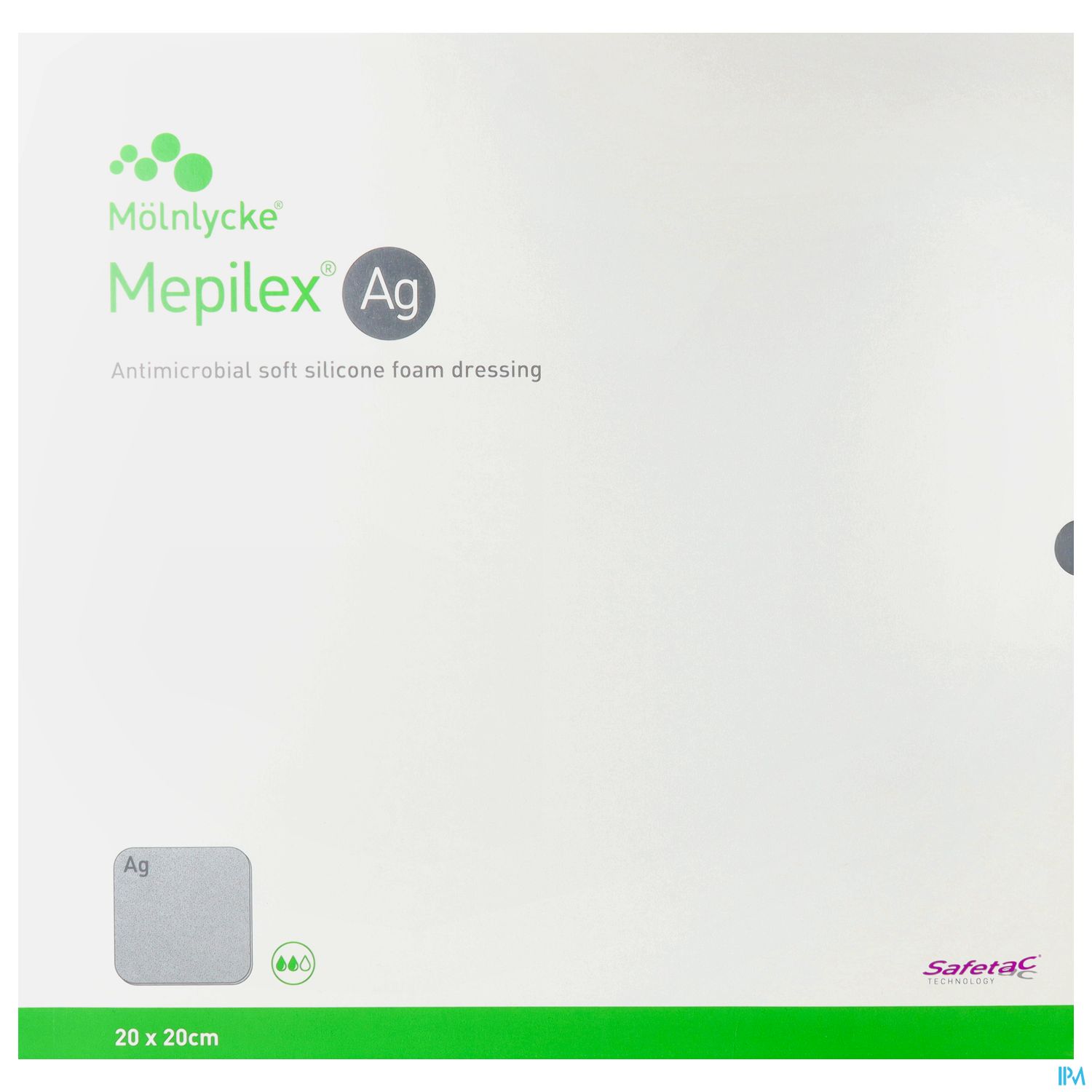 Packung des antimikrobiellen Silikonverbands Mepilex Ag von Mölnlycke, 20 x 20 cm.