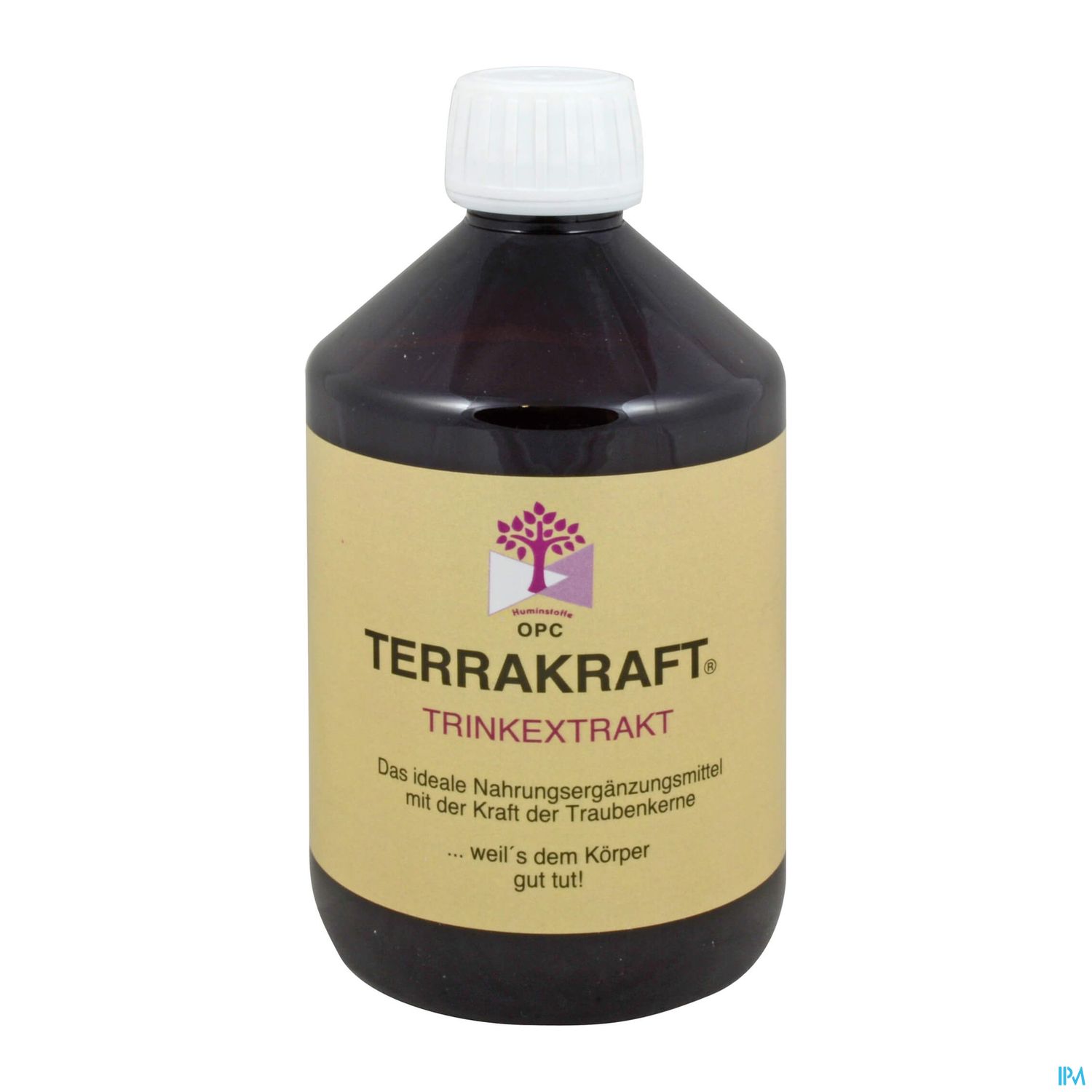 Eine braune Flasche mit dem Etikett "TERRAKRAFT® TRINKEXTRAKT" und der Beschreibung "Das ideale Nahrungsergänzungsmittel mit der Kraft der Traubenkemne".