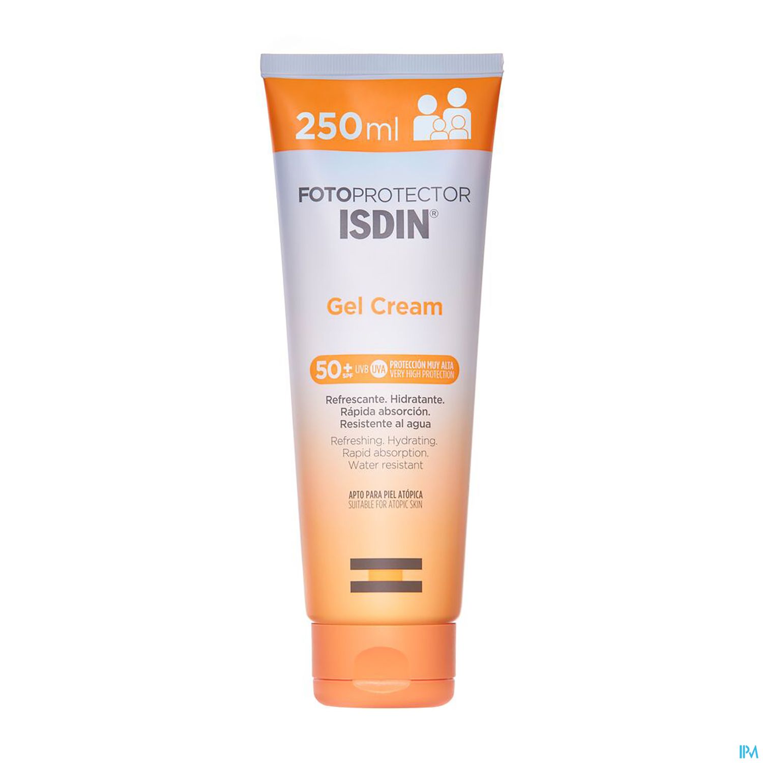 Sonnencreme in Tube, 250 ml, mit der Aufschrift "Fotoprotector ISDIN Gel Cream", Lichtschutzfaktor 50+, Hinweis auf wasserfeste und hydratisierende Eigenschaften.