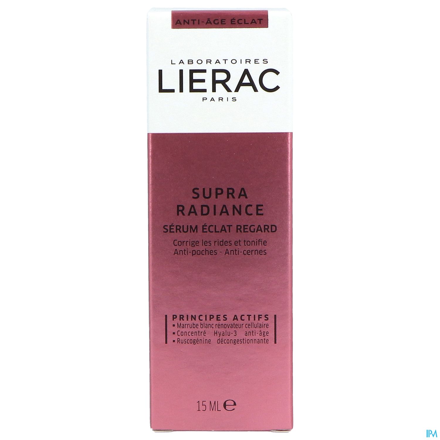 Produktverpackung von Lierac Supra Radiance Serum, 15 ml, mit Beschreibung über Anti-Age- und Aufhellungseffekte.