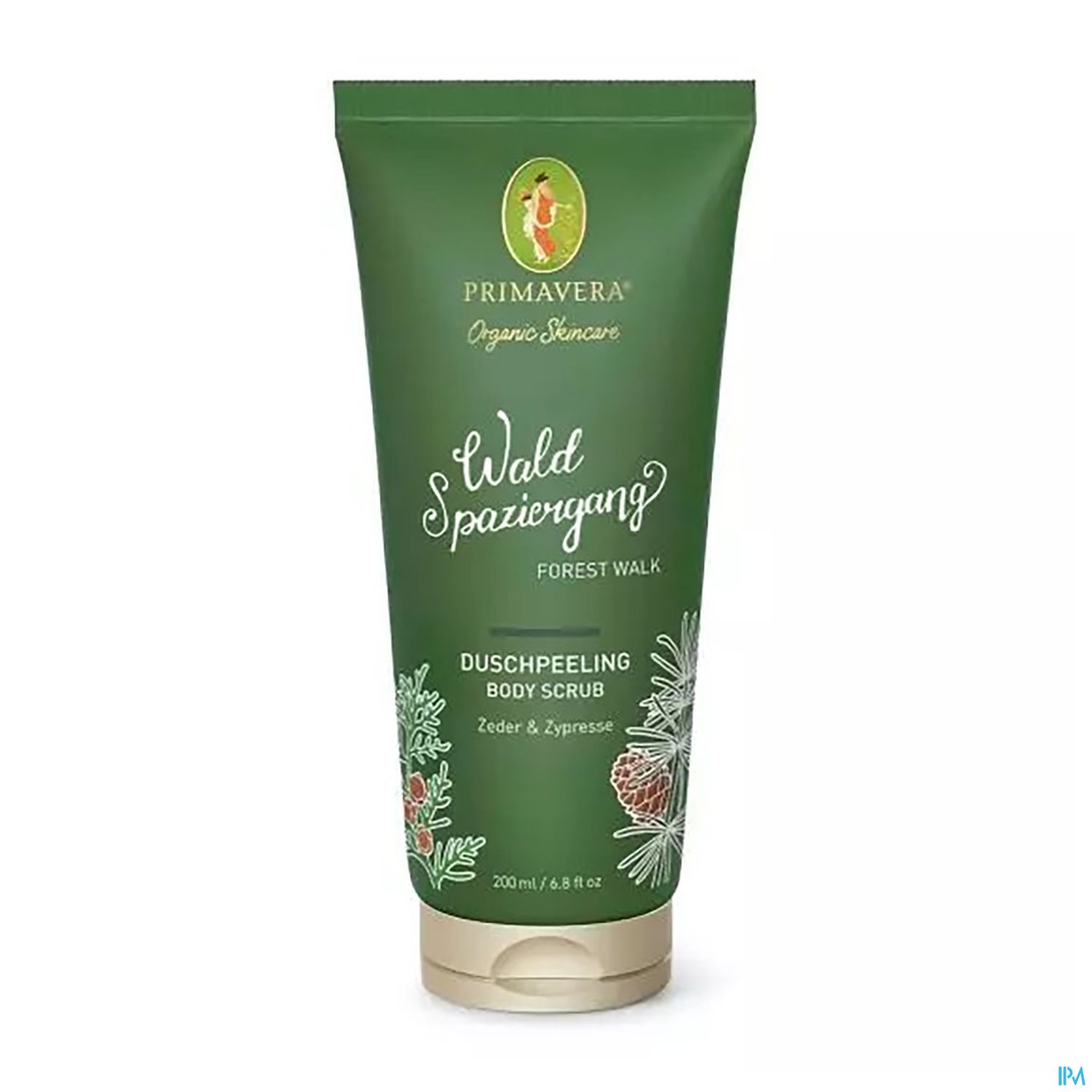Eine grüne Tube mit dem Schriftzug "Wald Spaziergang" und der Bezeichnung "Duschpeeling Body Scrub" sowie den Inhaltsstoffen Zeder und Zypresse.