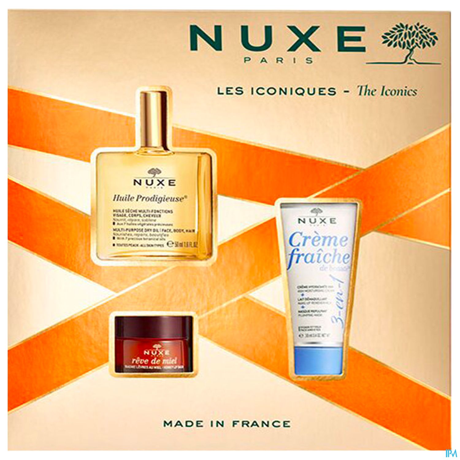 Bild eines Nuxe Paris Geschenksets mit drei Produkten: Huile Prodigieuse, Crème fraîche und Rêve de miel, umgeben von orangefarbenen geometrischen Mustern.