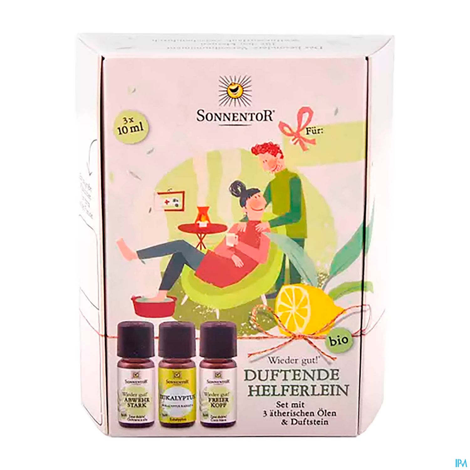 Verpackung eines Aromatherapie-Sets mit drei ätherischen Ölen und einer Illustration von entspannten Personen.