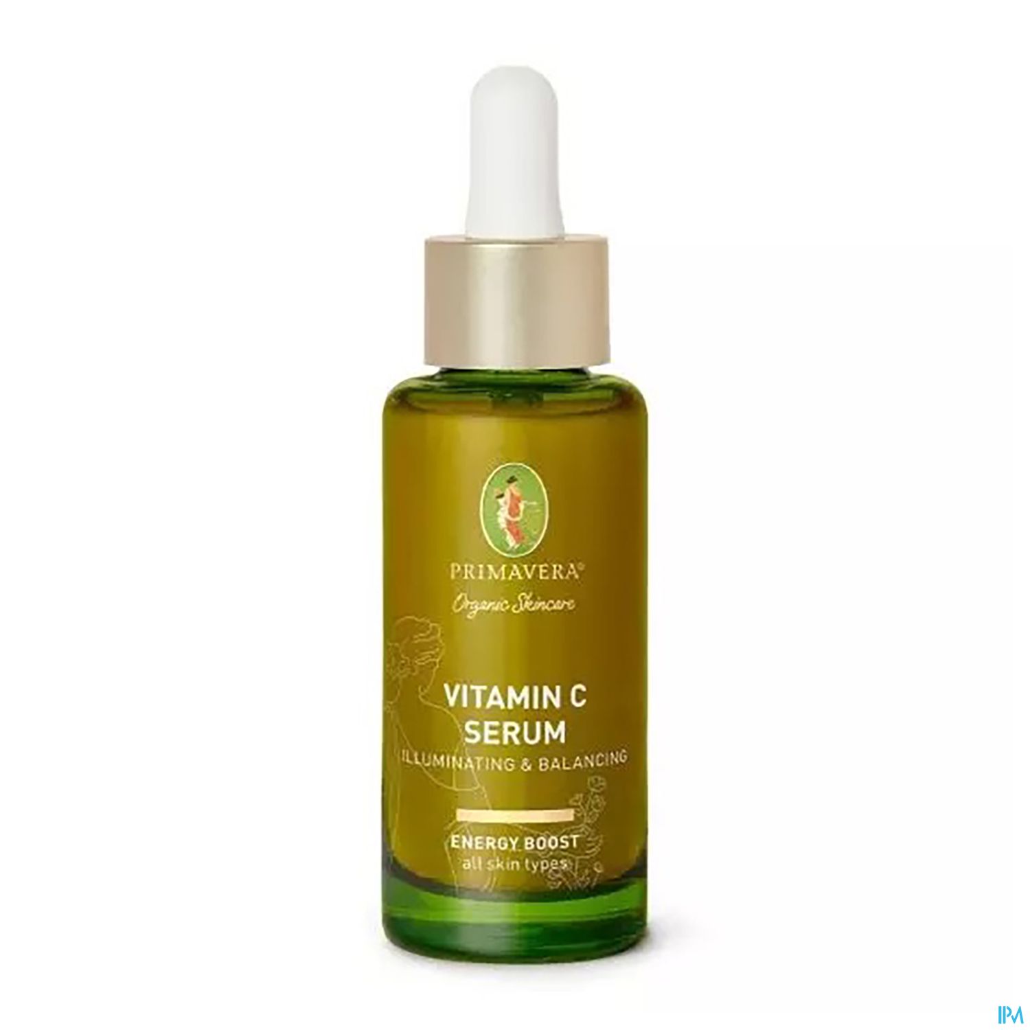 Flasche mit Vitamin C Serum von Primavera, grün mit Goldverschluss, Etikett beschreibt die Eigenschaften als aufhellend und ausgleichend.
