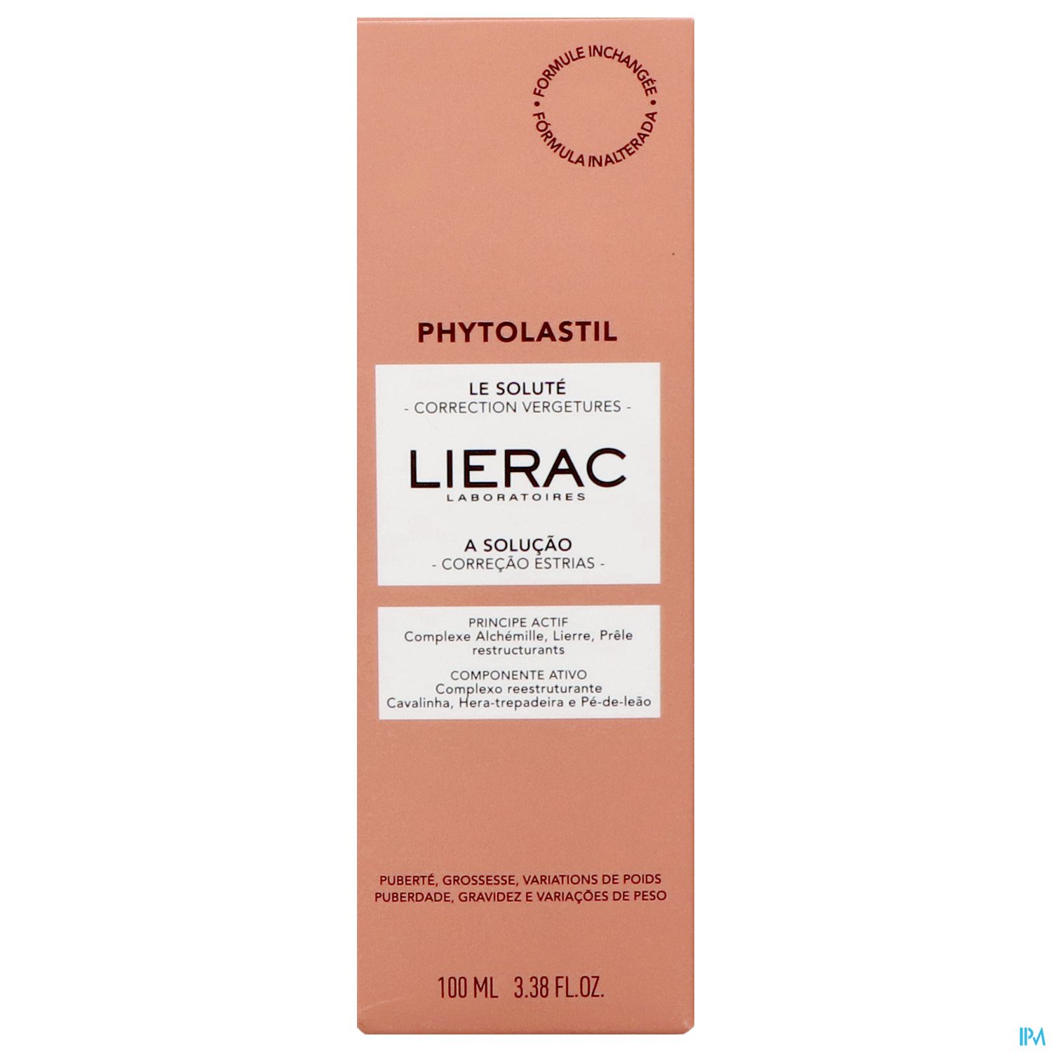 Produktverpackung von Phytolastil von Lierac zur Korrektur von Schwangerschaftsstreifen, 100 ml.