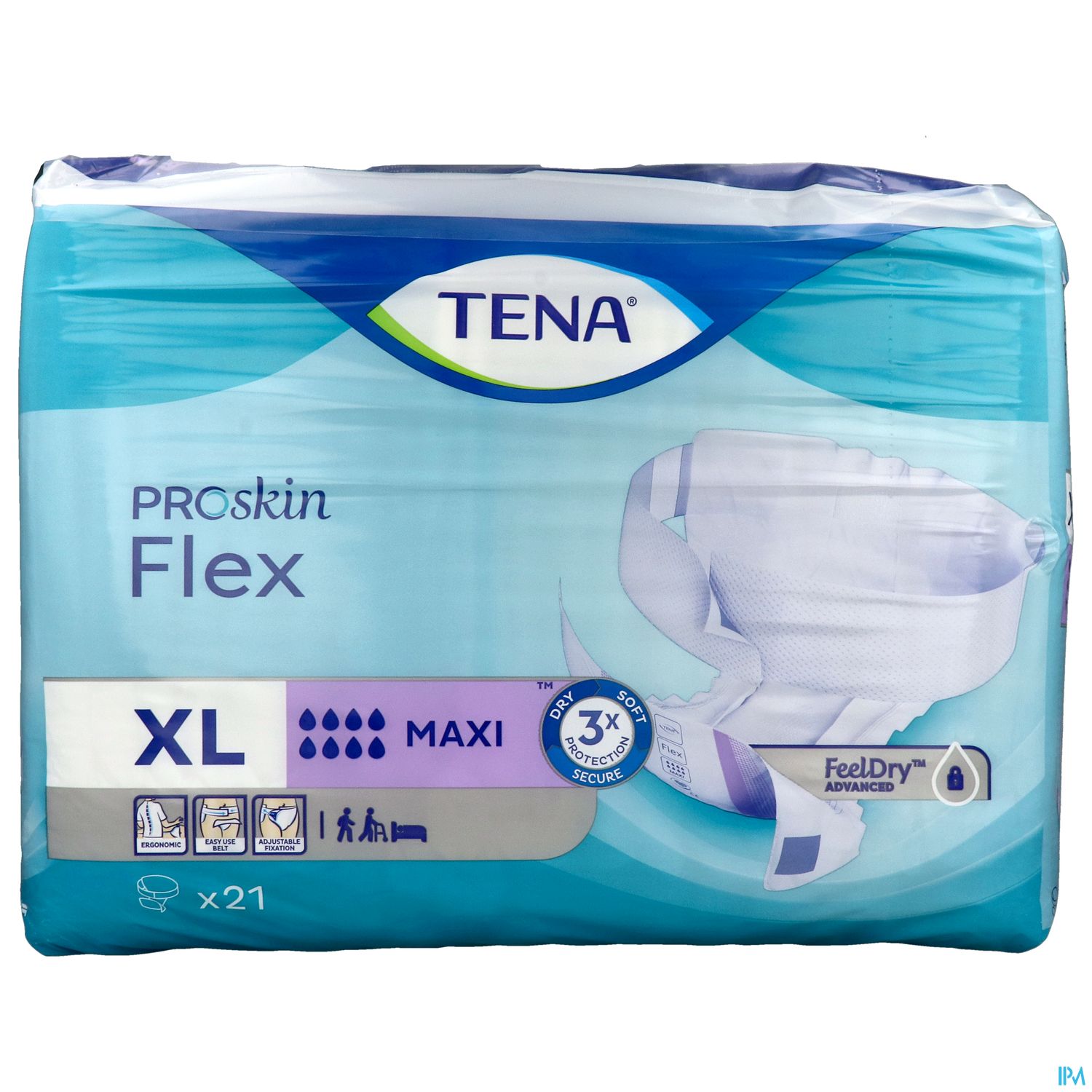 Packung mit TENA ProSkin Flex in XL, 21 Stück, für Inkontinzenzprodukte.