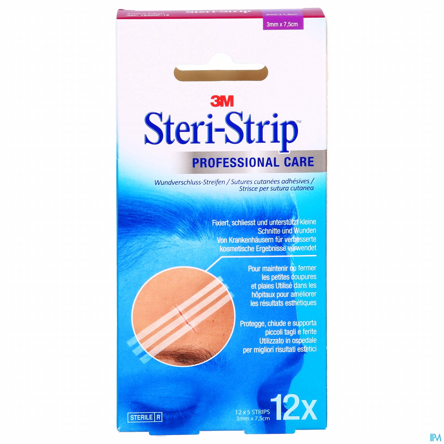 Verpackung von 3M Steri-Strip Professional Care, die Wundverschluss-Streifen mit 12 Stück à 3 mm x 7,5 cm zeigt.