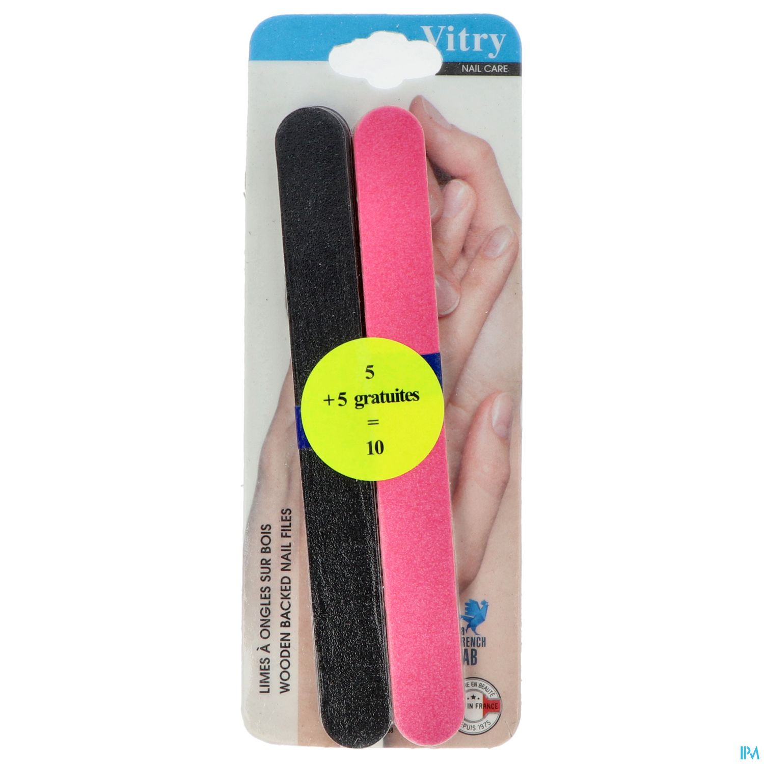 Verpackung mit zwei Nagelfeilen in Schwarz und Pink, begleitet von einem Hinweis auf ein Aktionsangebot.