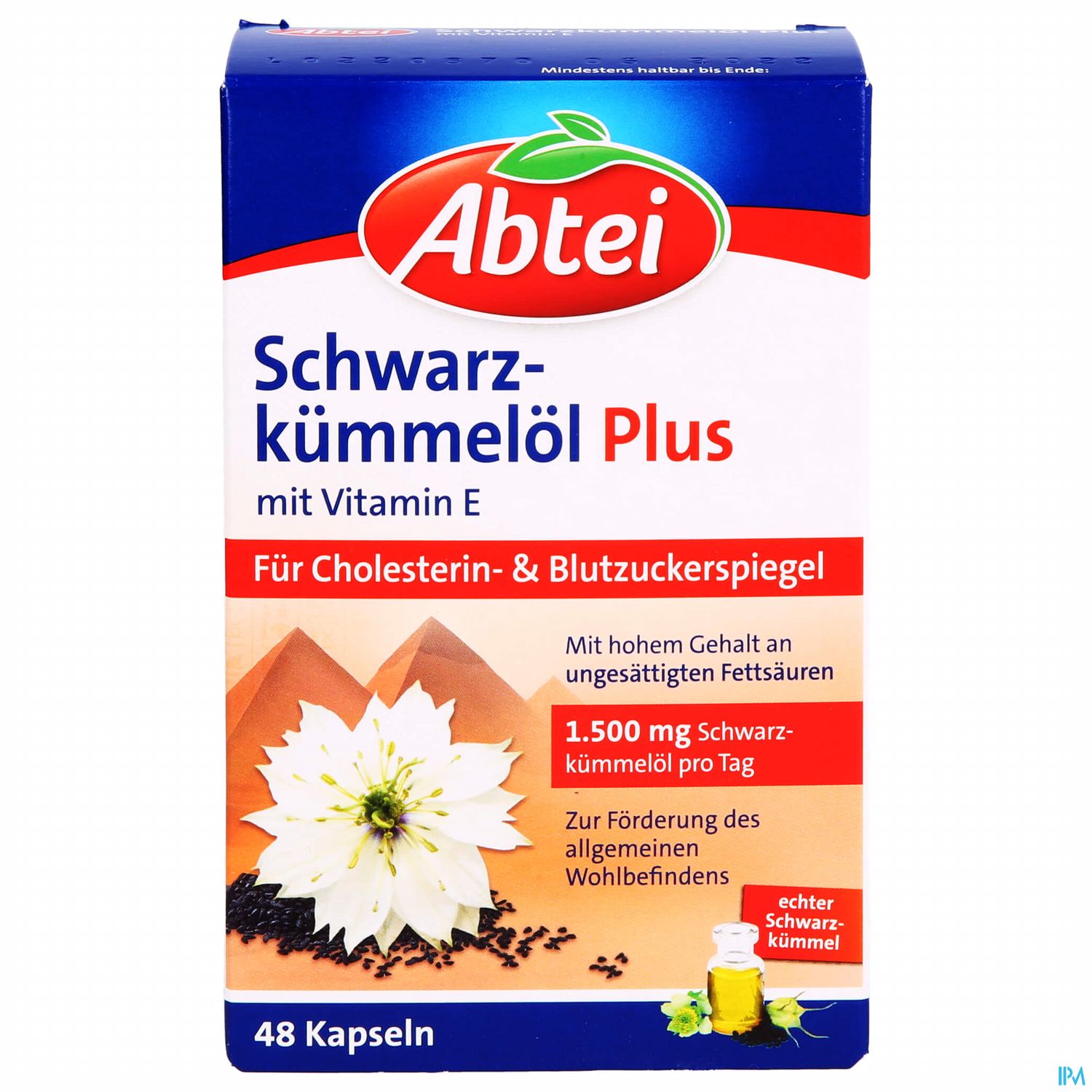 Verpackung von Abtei Schwarzkümmelöl Plus mit Vitamin E, 48 Kapseln, für Cholesterin- und Blutzuckerspiegel.