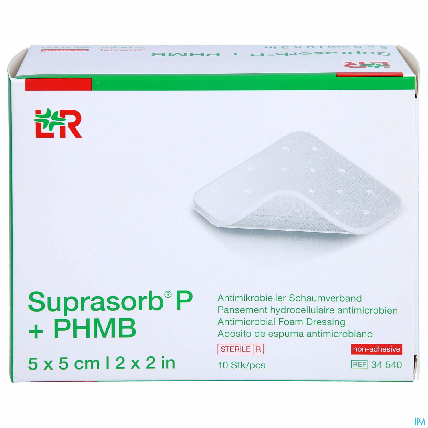 Verpackung des supramolekularen Schaumverbands Suprasorb® P + PHMB, 5 x 5 cm, mit medizinischen Informationen.