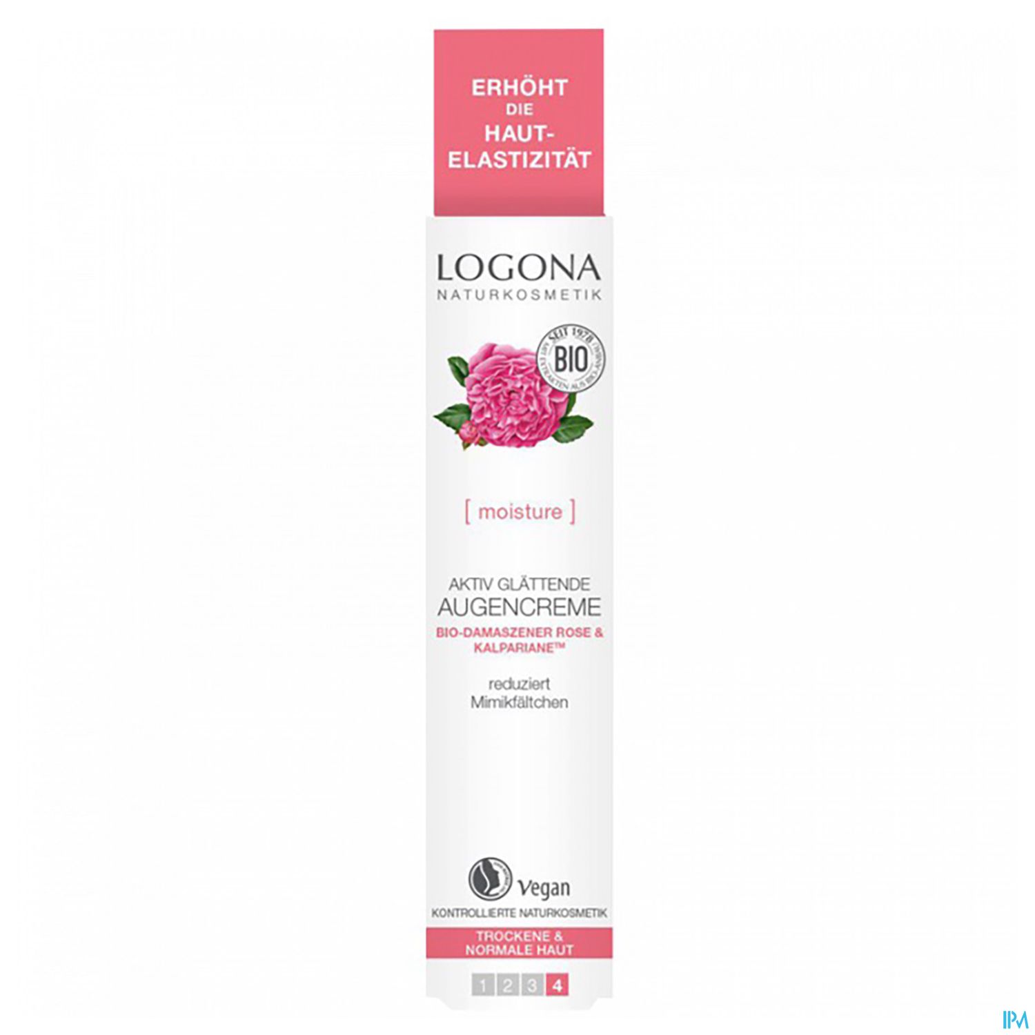 Packungsdesign einer veganen Augencreme von Logona, die mit Bio-Damascener Rose und Kalpariane angereichert ist und die Hautelastizität erhöht.