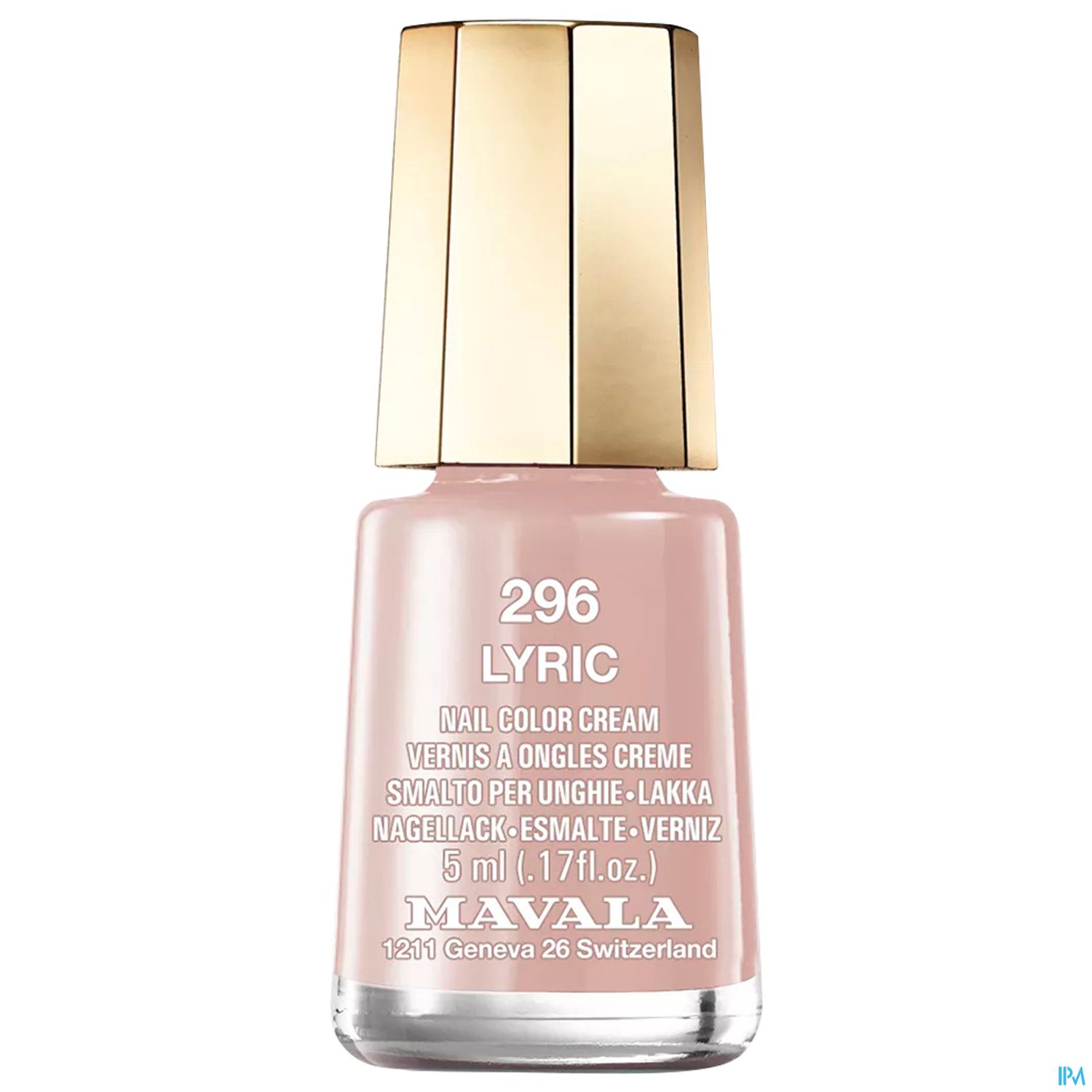 Nagellackflasche von Mavala in der Farbe "Lyric" mit goldfarbenem Deckel und beige-rosa Inhalt.