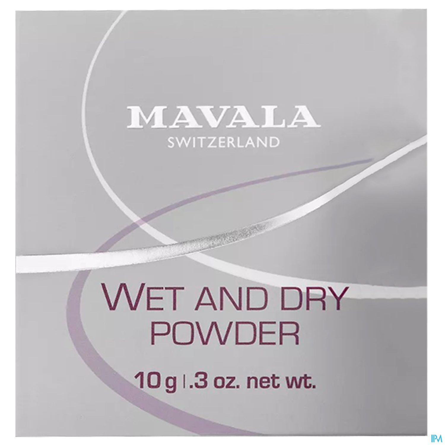 Verpackung von Mavala Wet and Dry Powder, 10 g, mit Schriftzug in silber und lila auf grauem Hintergrund.