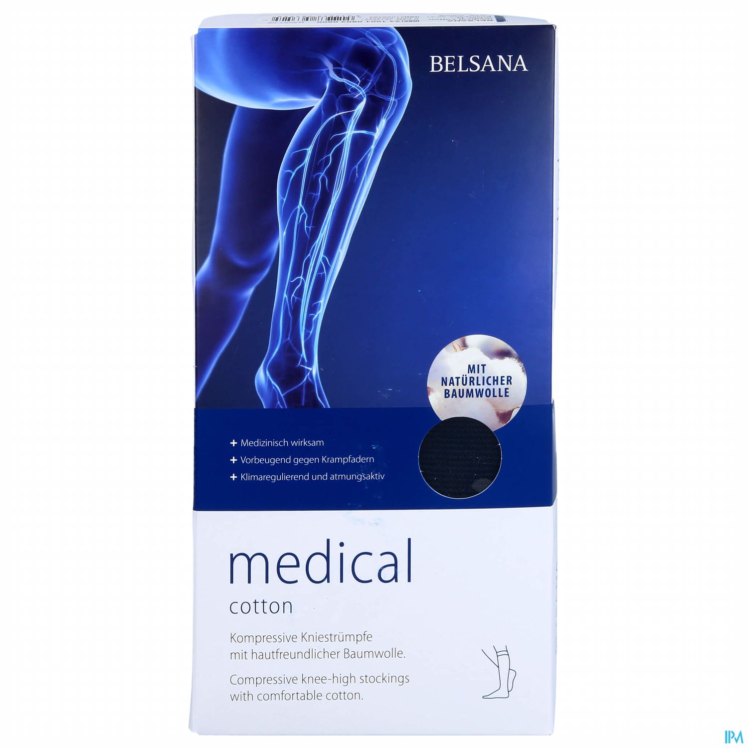 Verpackung von BELSANA medizinischen Kompressionskniestrümpfen mit einer Darstellung des Beins und Informationen über die Materialien und Vorteile.