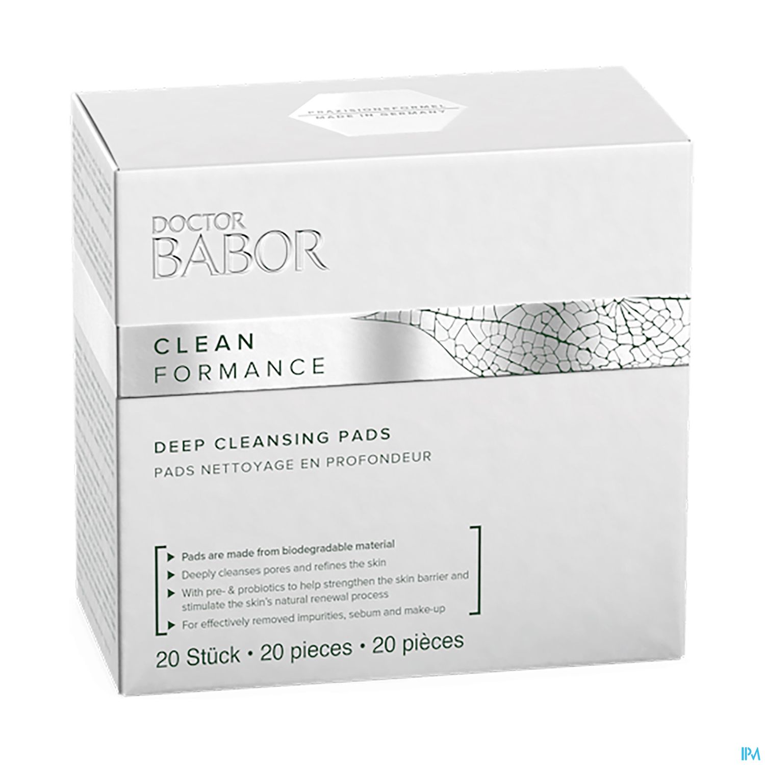 Verpackung von Doctor Babor Cleanformance Deep Cleansing Pads, 20 Stück, mit Angaben zu Inhaltsstoffen und Anwendungshinweisen.
