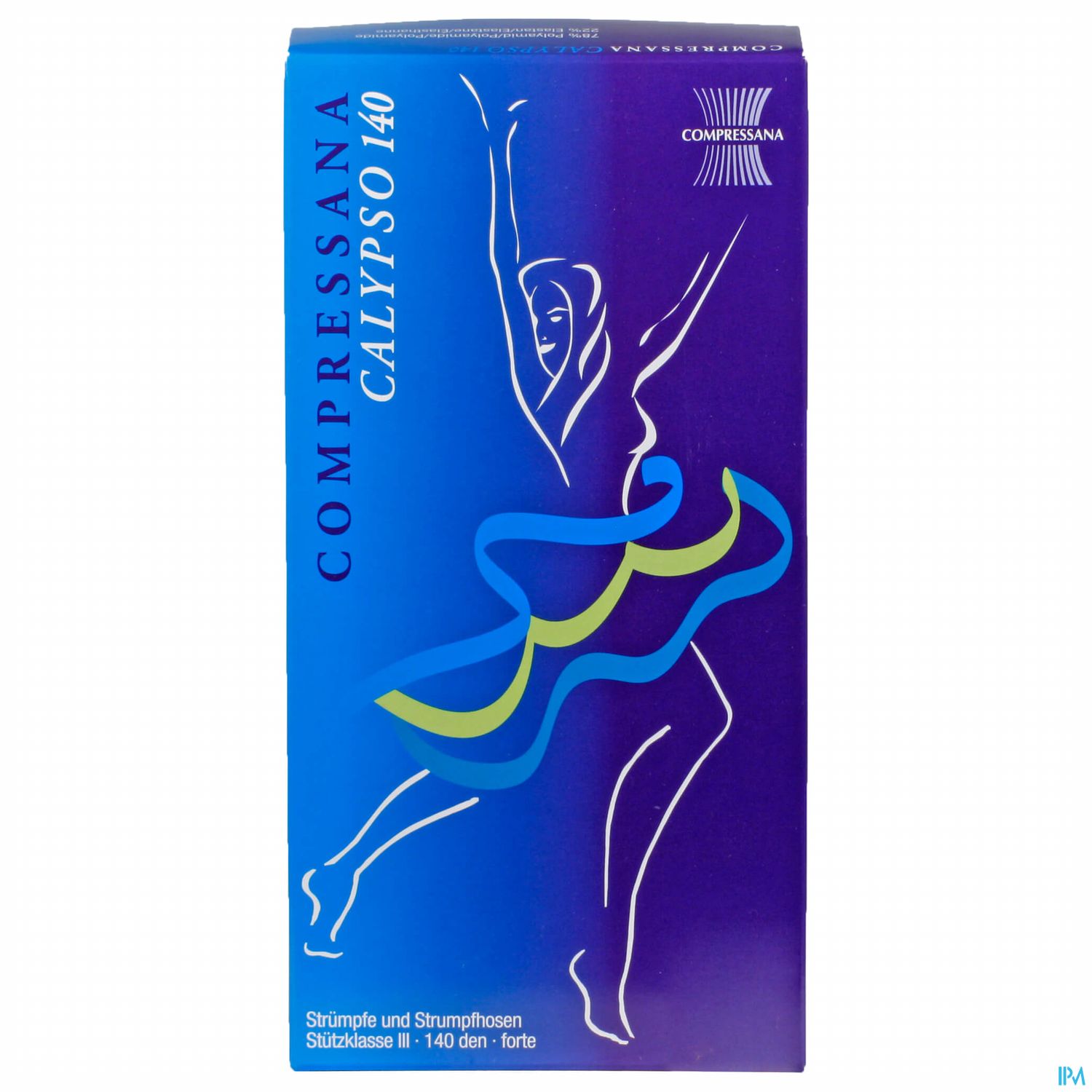 Verpackung der COMPRESSIONA CALYPSO 140 mit tanzender Figur und blauer Hintergrundfarbe.
