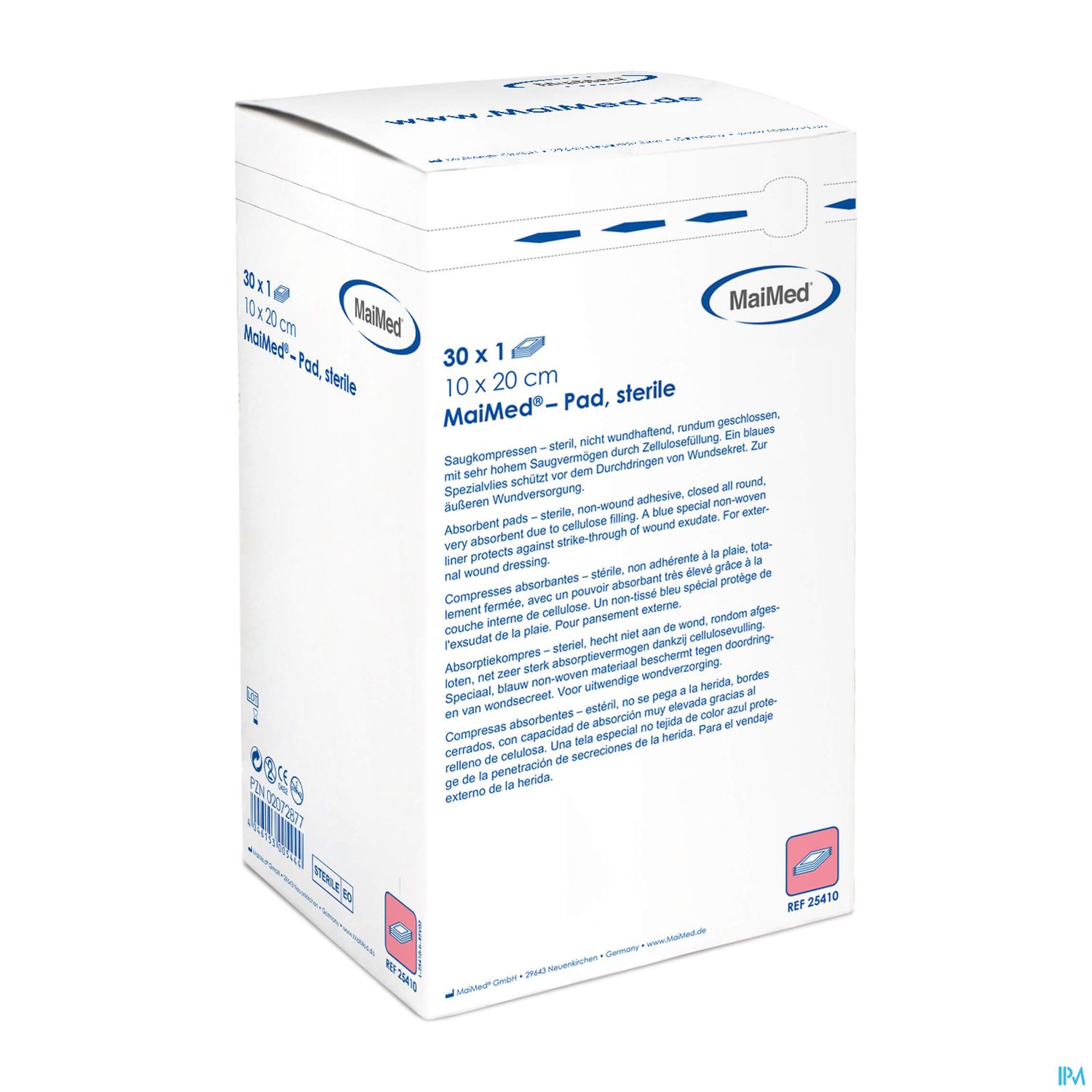 Verpackung eines sterilen MaiMed-Pads in der Größe 10 x 20 cm.