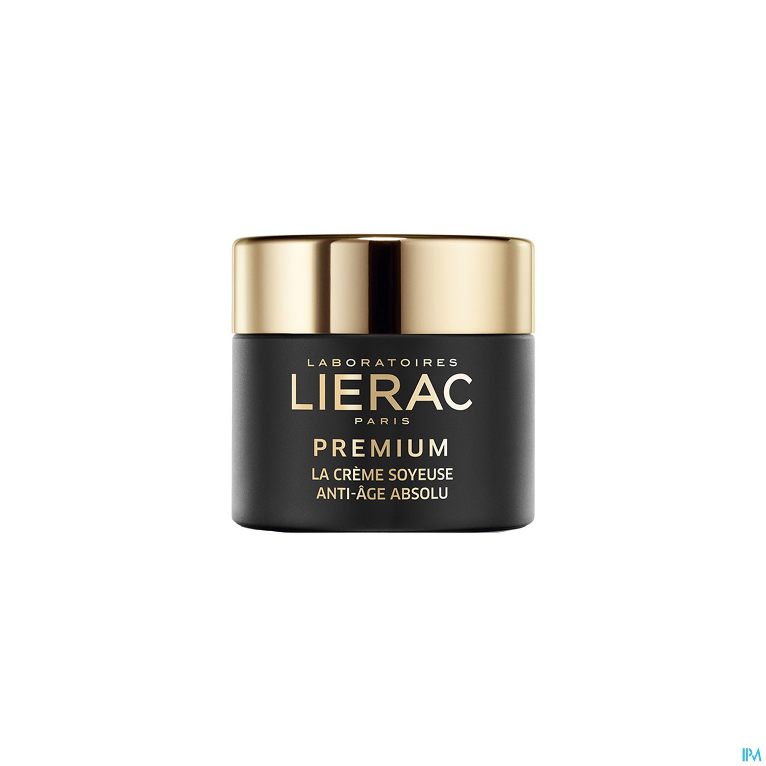 Schwarzer Cremetiegel mit goldenem Deckel, beschriftet mit "Lierac Paris Premium La Crème Soyeuse Anti-Âge Absolu".