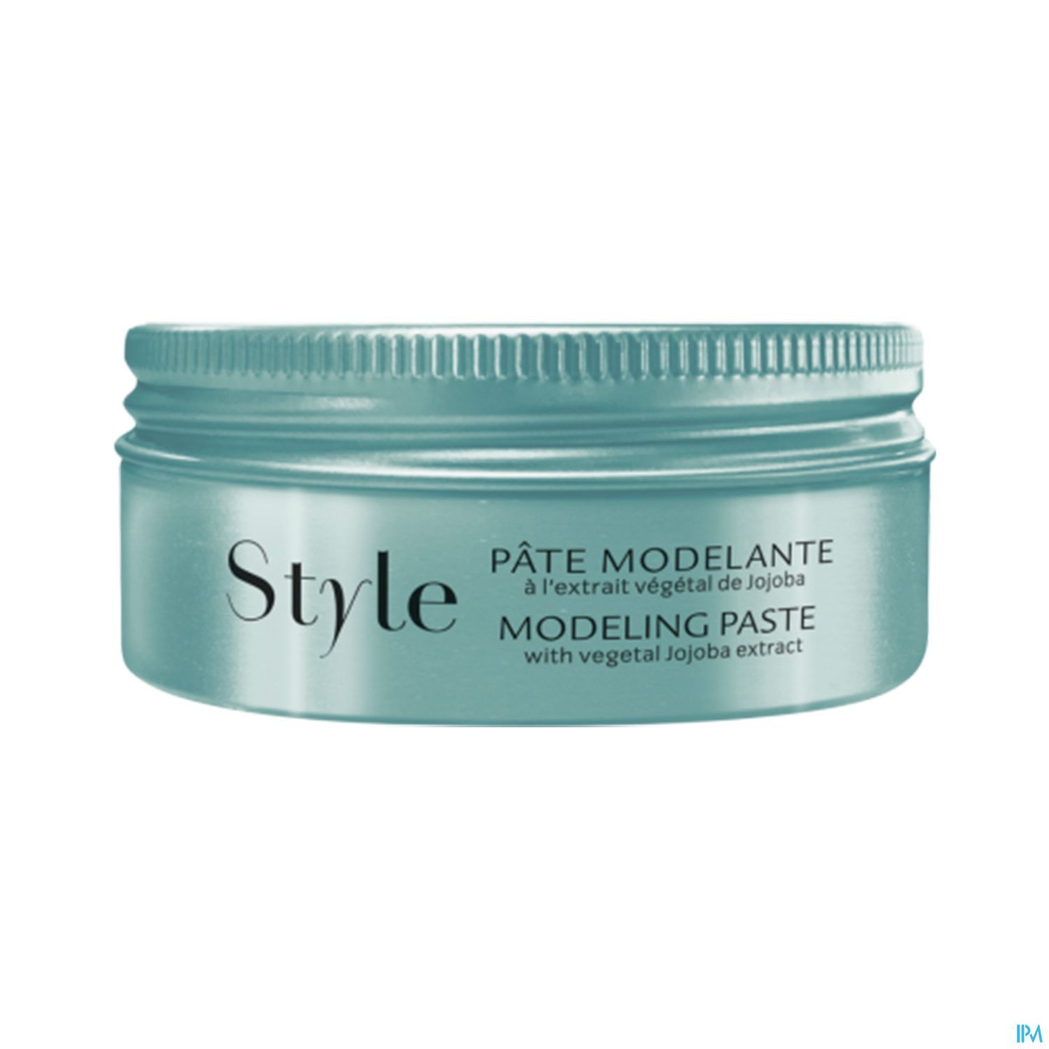 Türkise Haargel-Dose mit der Aufschrift "Modeling Paste" und "Pâte Modelante" sowie dem Hinweis auf Jojoba-Extrakt.