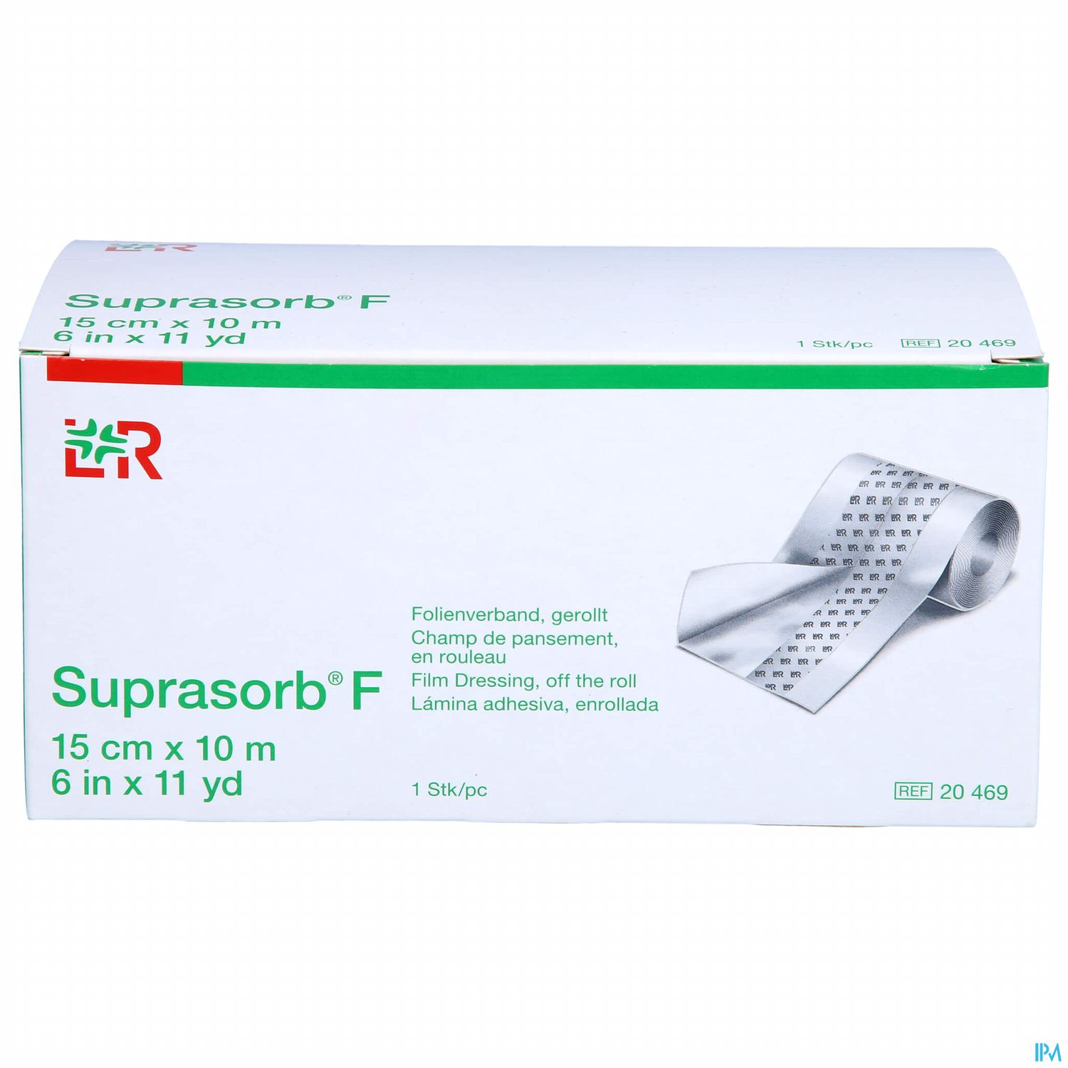 Packung mit Suprasorb® F, einem Folienverband, 15 cm x 10 m.