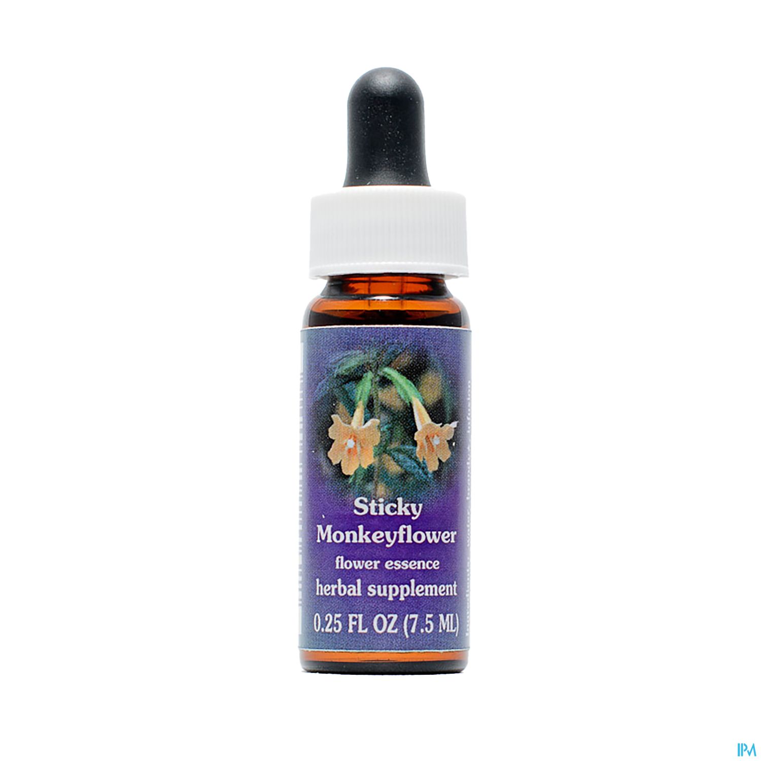 Braunflasche mit Tropfverschluss, etikettiert mit "Sticky Monkeyflower", enthält 0,25 FL OZ (7,5 ML) einer blühenden Essenz.