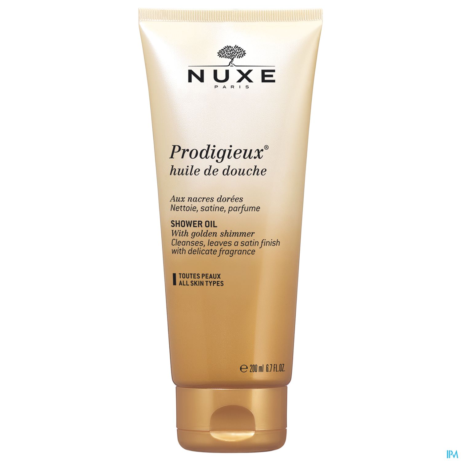 Eine goldene Tube mit Duschöl von NUXE, beschriftet mit "Prodigieux", die Reinigung, Satin-Finish und zarte Duftnoten verspricht.