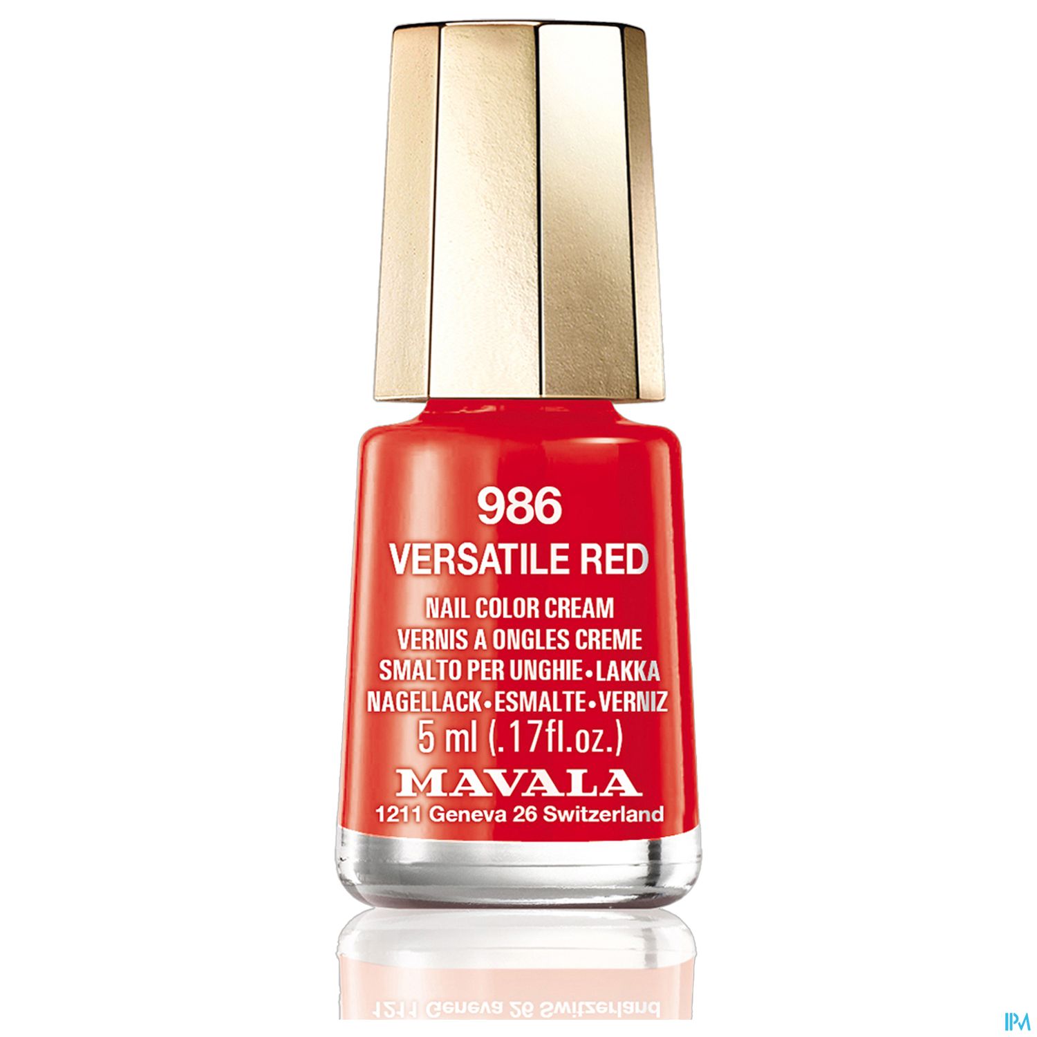Roten Nagellack in einer glasigen Flasche mit goldenem Deckel, etikettiert mit "986 Versatile Red".