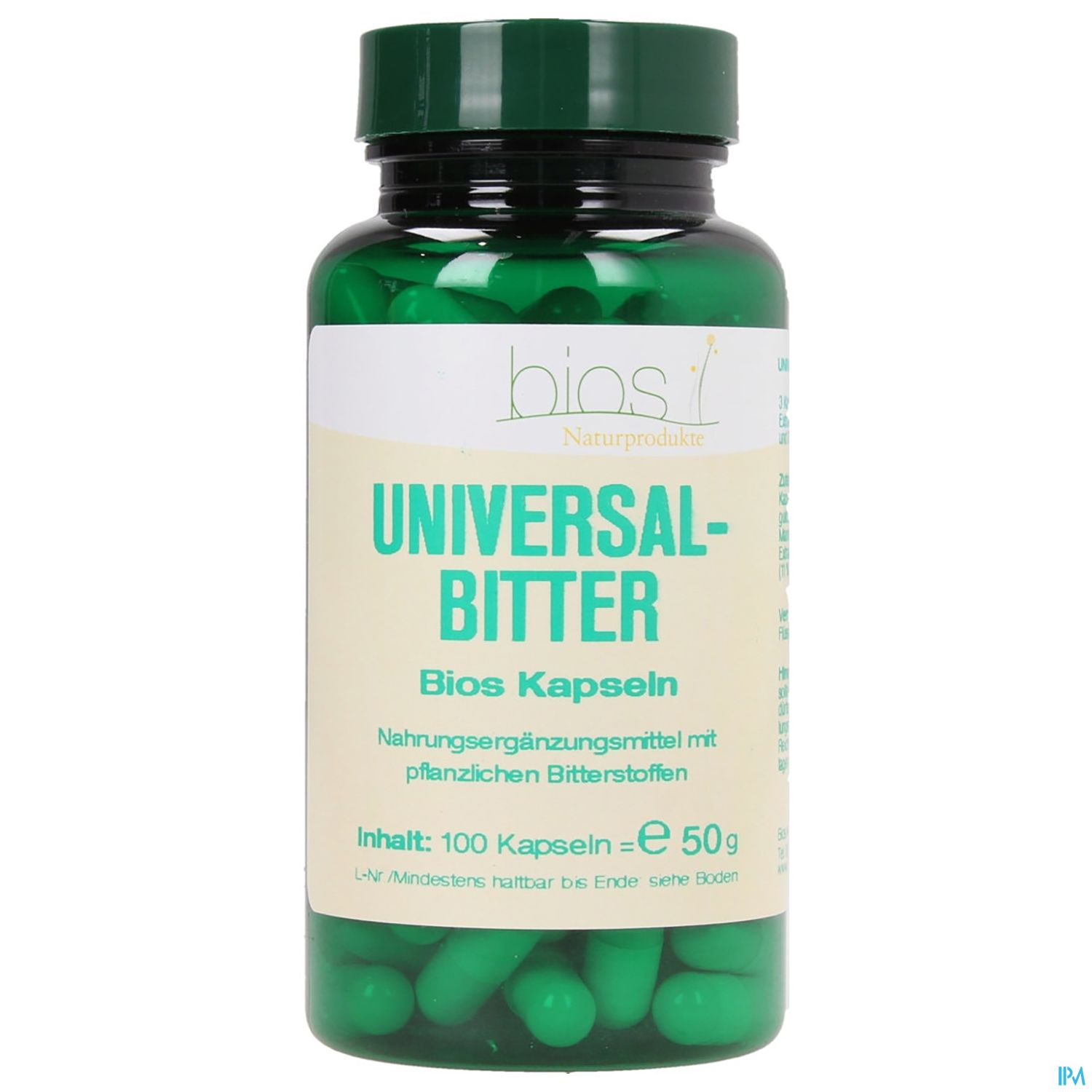 Grünes Fläschchen mit der Aufschrift "UNIVERSAL-BITTER Bios Kapseln", 100 Kapseln, Nahrungsmittelergänzungsmittel mit pflanzlichen Bitterstoffen.