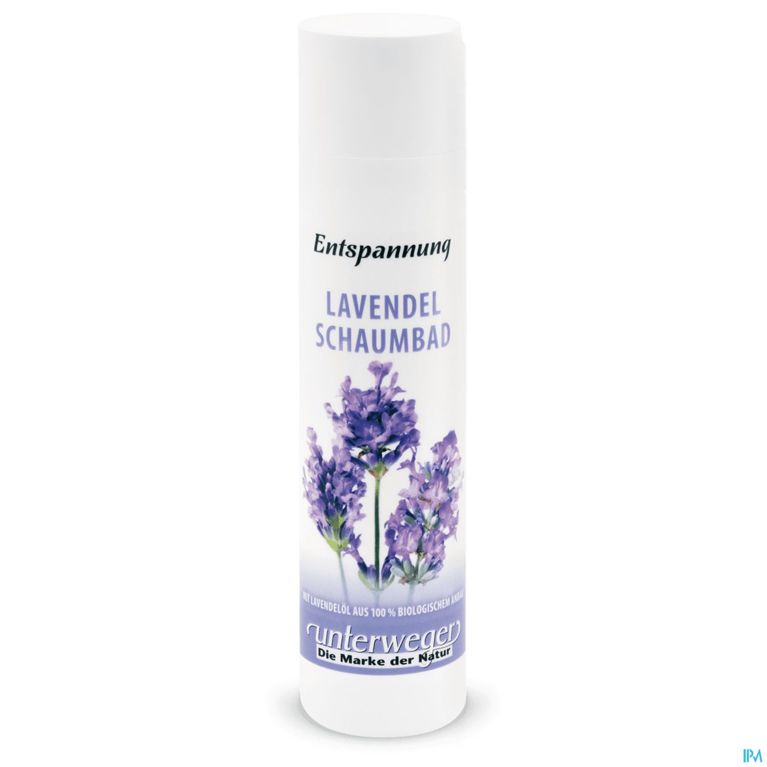 Flasche mit Lavendel Schaumbad, beschriftet mit "Entspannung" und "unterweger - Die Marke der Natur".