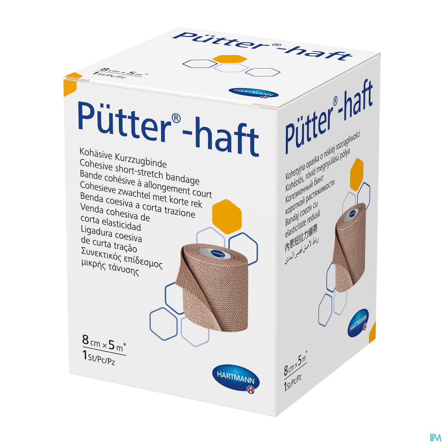 Verpackung einer kohäsiven Kurzzugbandage namens Pütter-haft, mit Angaben zu Größe und Verwendung in mehreren Sprachen.