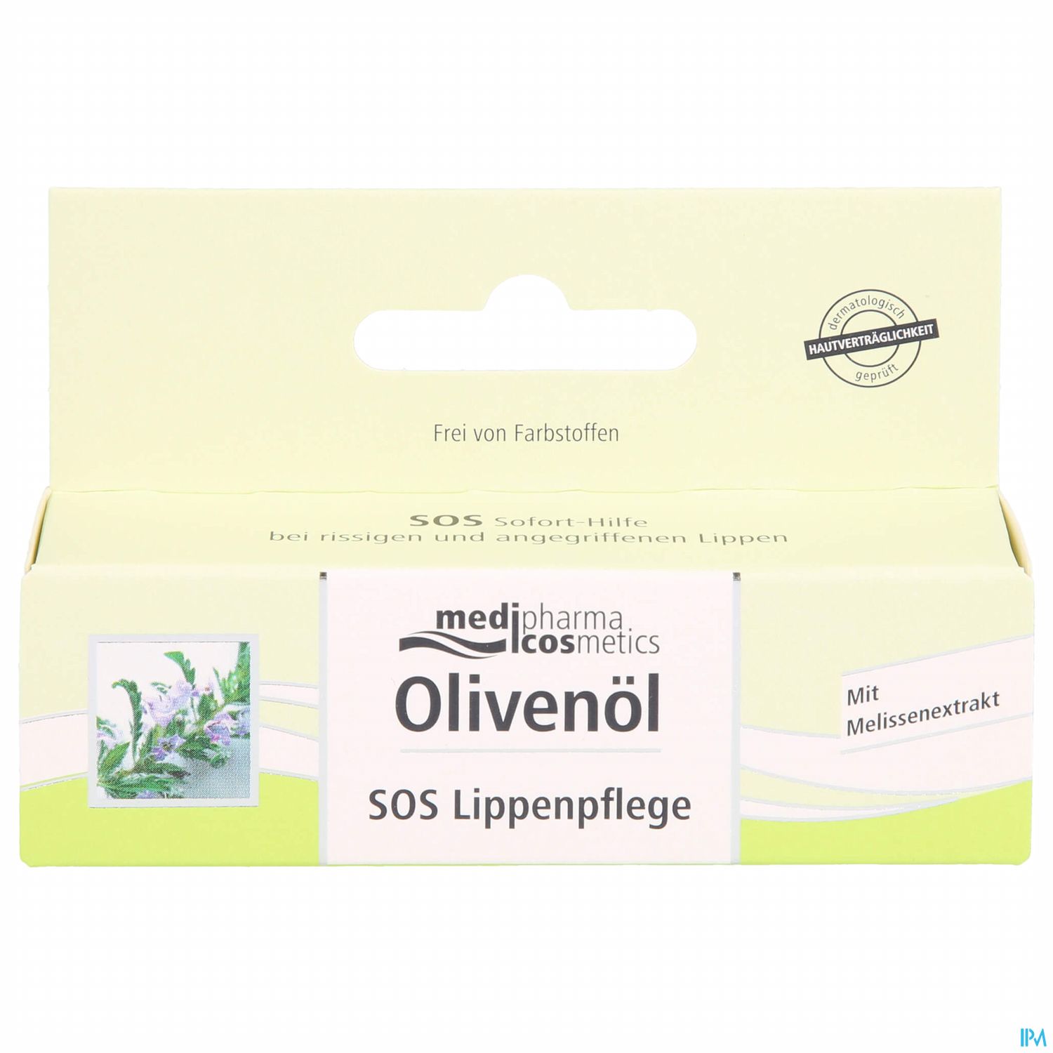 Verpackung der medipharma cosmetics Olivenöl SOS Lippenpflege, grüne Box mit Pflanzenabbildung und Informationen zur Anwendung.