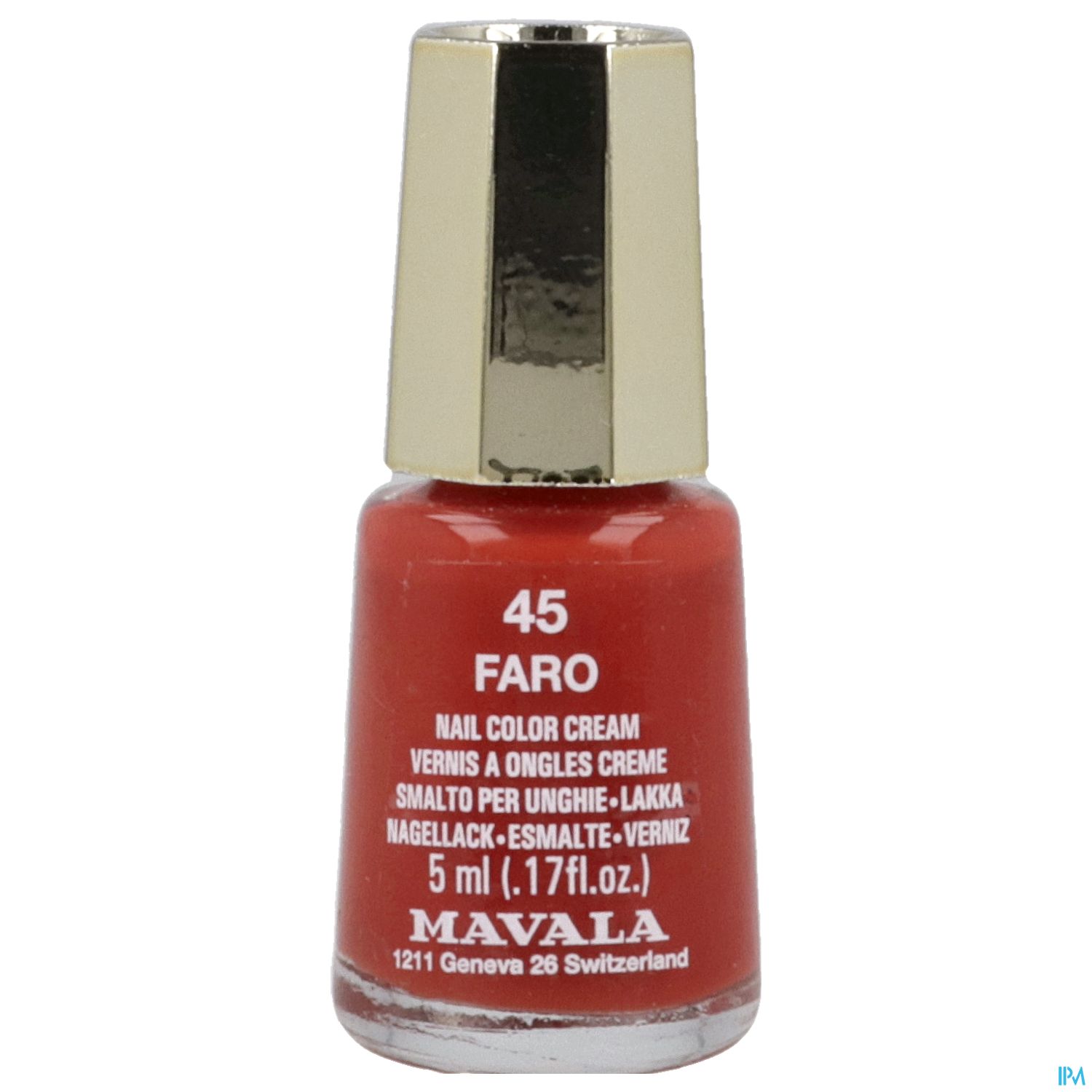 Nagellack-Flasche der Marke Mavala in der Farbe 45 Faro, 5 ml, mit goldfarbenem Deckel.