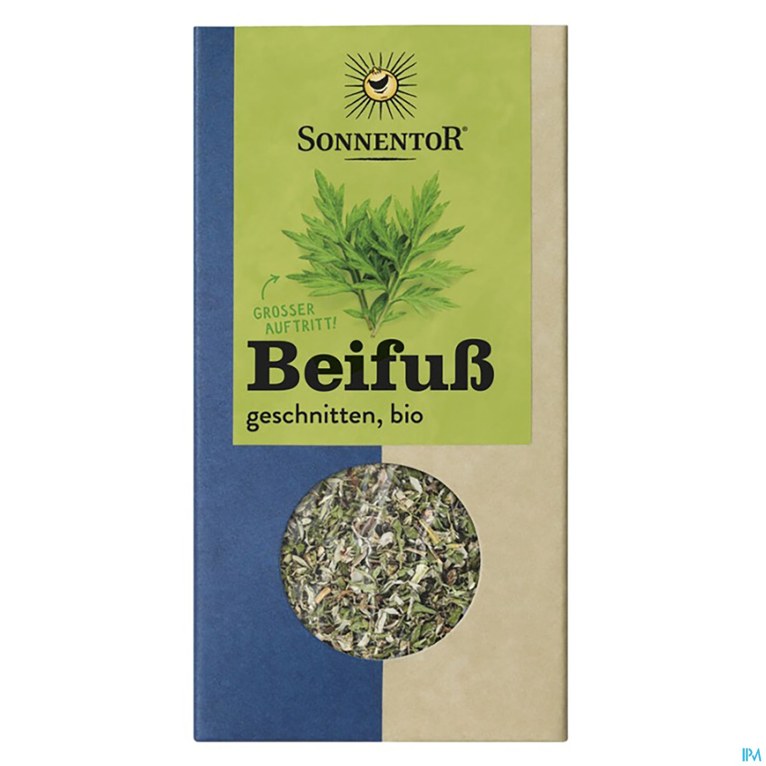 Verpackung mit geschnittenem Bio-Beifuß von Sonnentor, mit Aufschrift und Fensterausschnitt für den Inhalt.