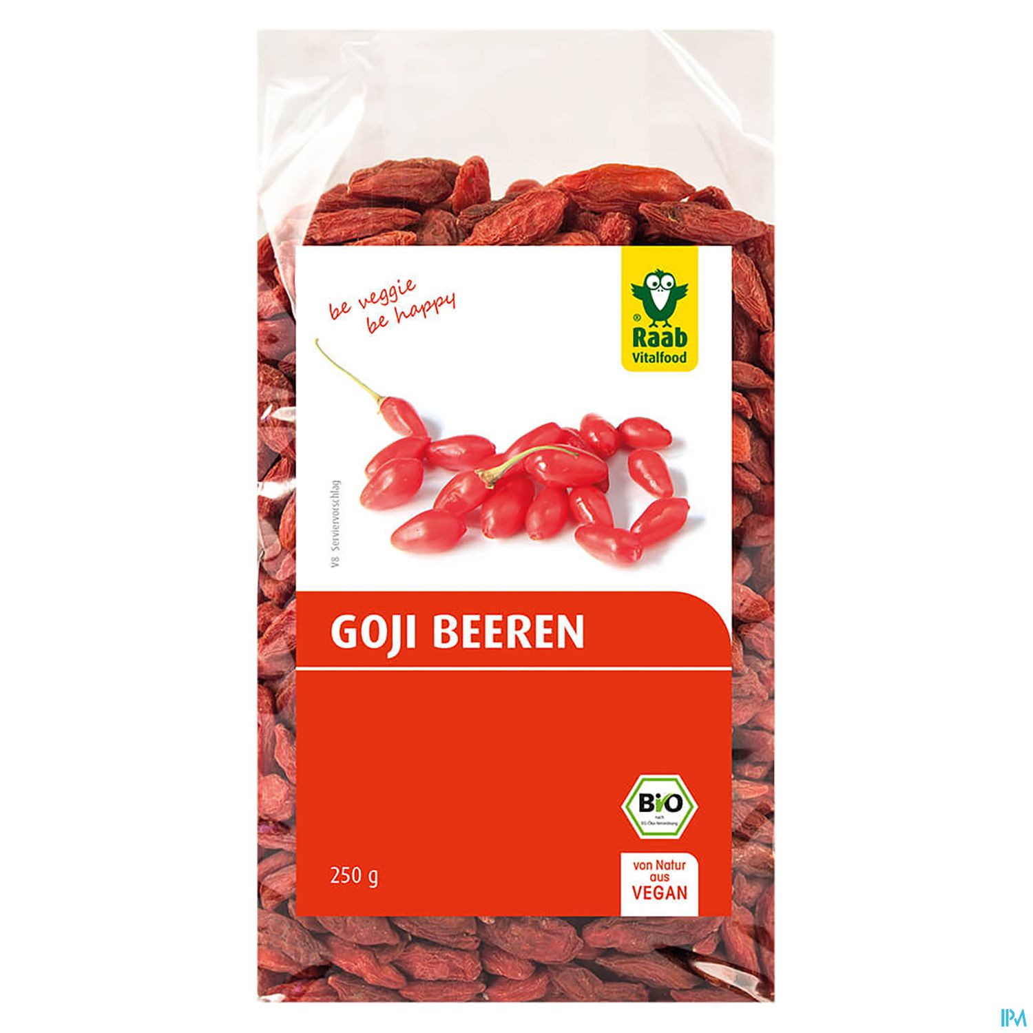 Verpackung mit Goji-Beeren in einer durchsichtigen Tüte, beschriftet mit "GOJI BEEREN", 250 g, Bio- und vegan-Logo, Markenlogo oben rechts.