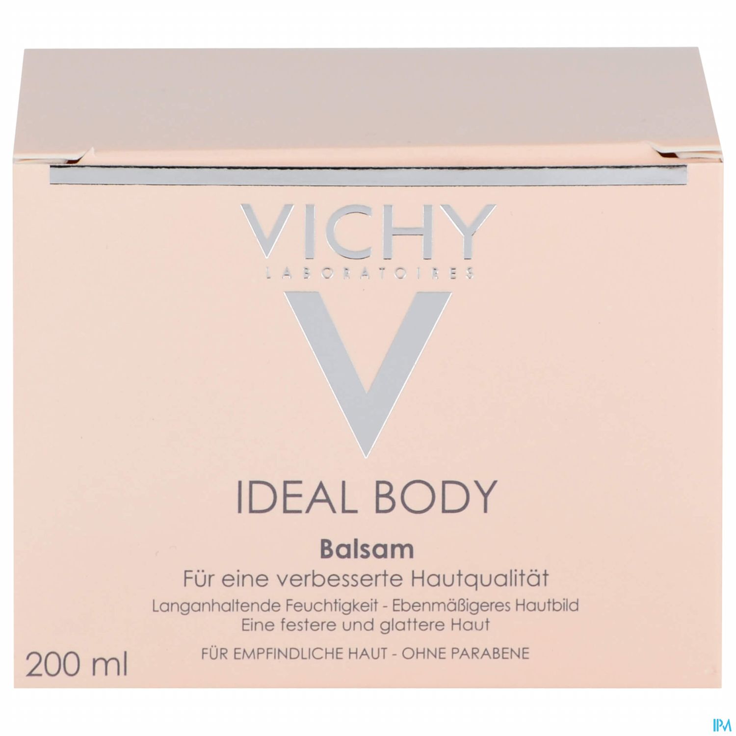 Packung des Vichy Ideal Body Balsams (200 ml) mit Informationen zur Anwendung und Hautvorteilen.