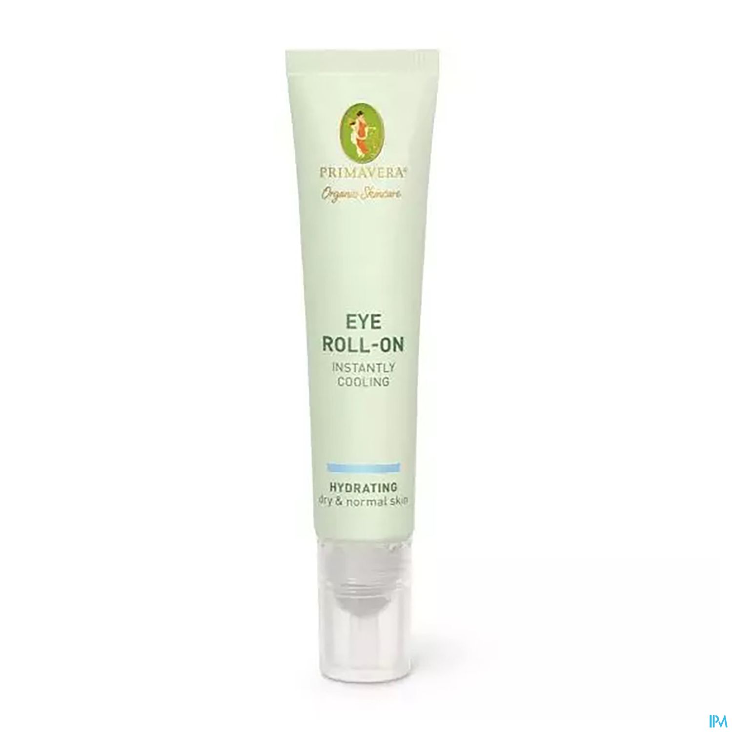 Augen-Roll-On von Primavera in einer grünen Tube, beschriftet mit "Eye Roll-On", "Instantly Cooling" und "Hydrating für trockene und normale Haut".