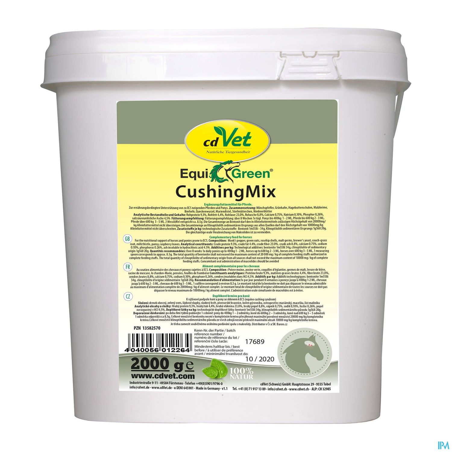 Weißer Eimer mit dem Etikett "cdVet EquiGreen CushingMix", 2000 g, für die Fütterung von Pferden.