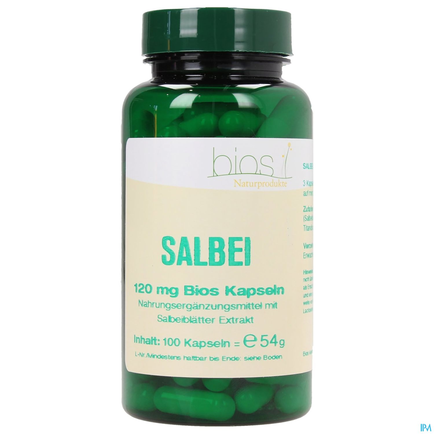 Grüne Kapseln in einer transparenten Flasche mit der Aufschrift "SALBEI - 120 mg Bios Kapseln - Nahrungsergänzungsmittel mit Salbeiblätter Extrakt - Inhalt: 100 Kapseln".