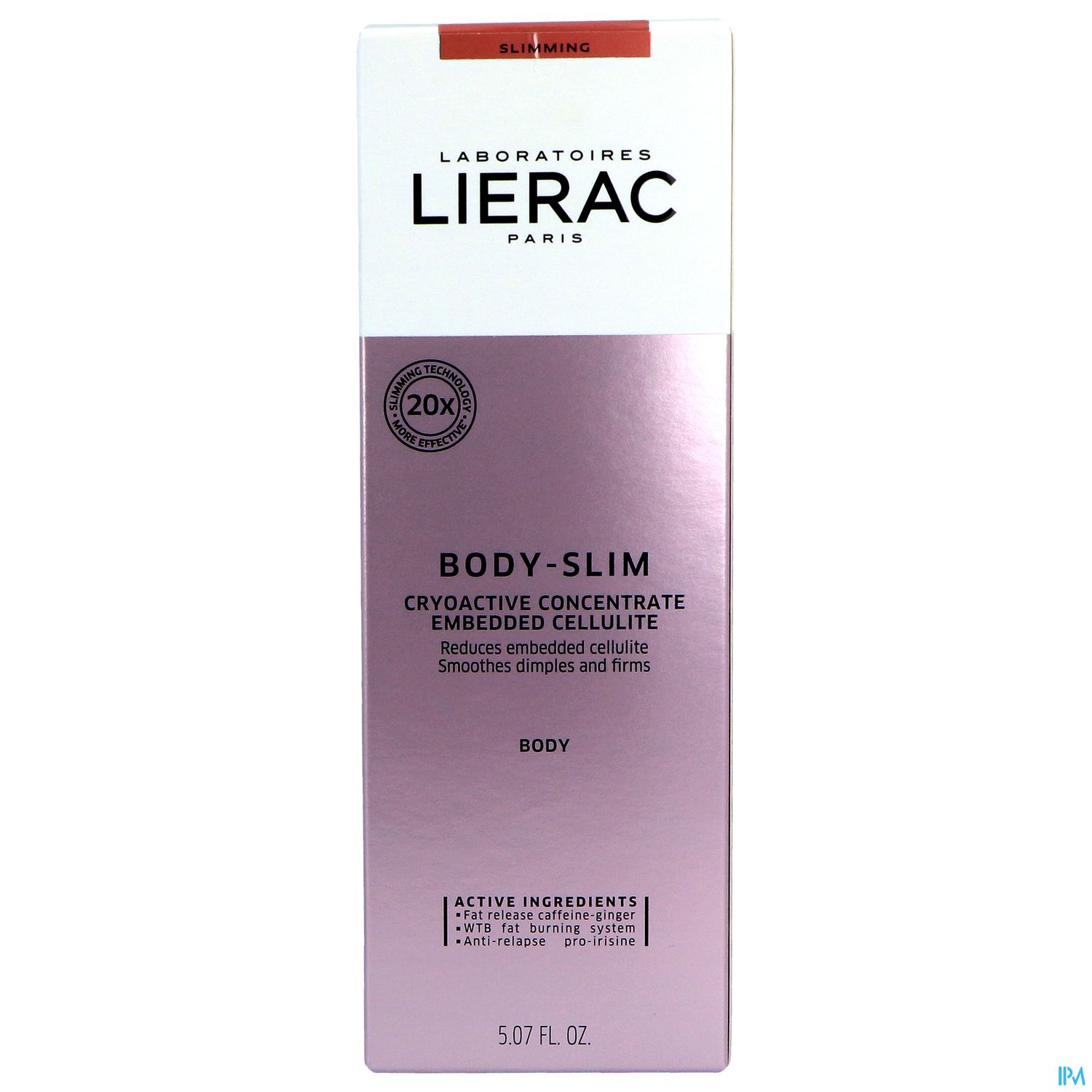 Verpackung des Produkts "BODY-SLIM" von Laboratoires Lierac, einem Cryoaktiven Konzentrat zur Reduzierung von Cellulite und zur Straffung der Haut.