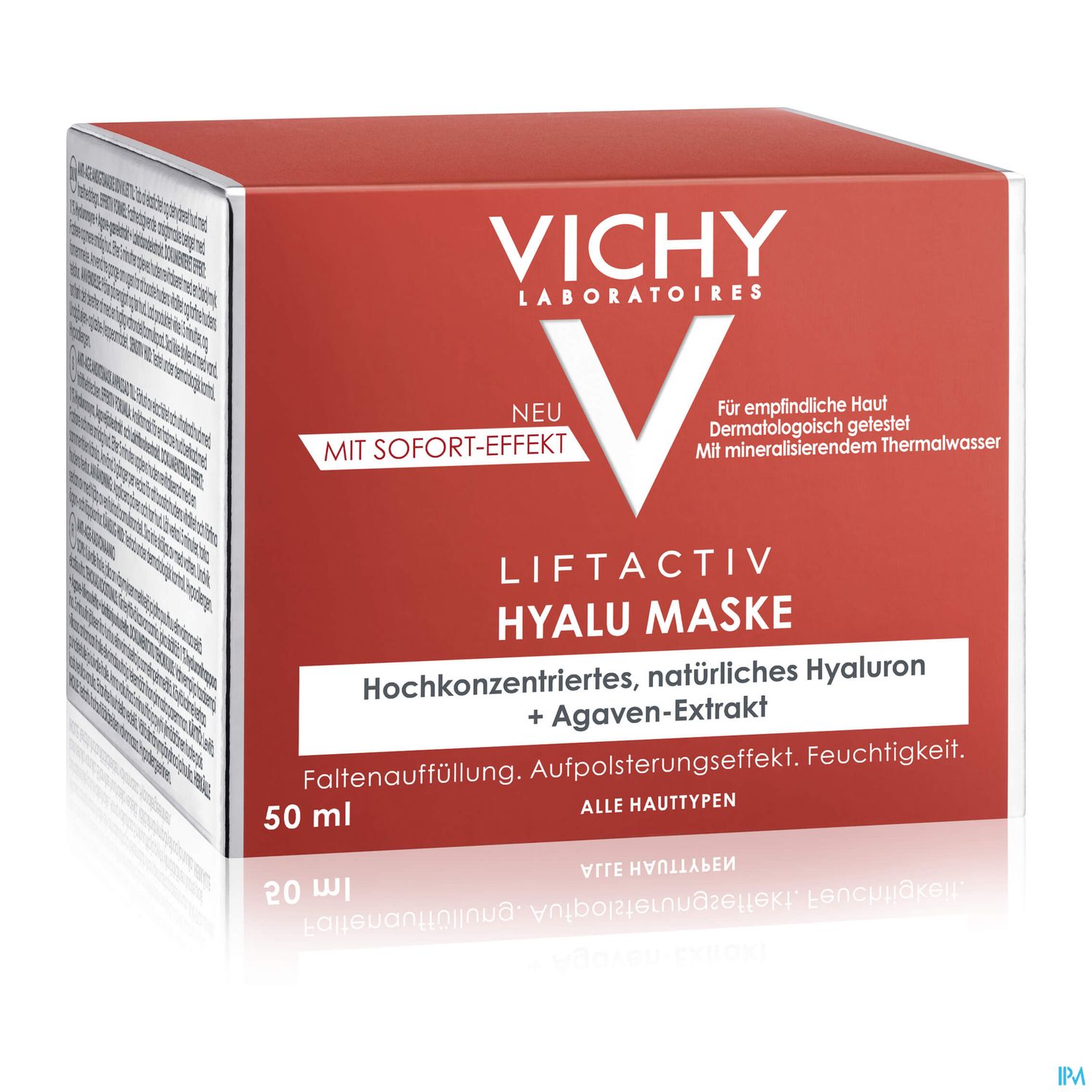 Produktverpackung der VICHY LIFTACTIV HYALU MASKE mit Beschreibung und Inhaltsangaben, zeigt einen roten Karton mit weißen Schriftzügen.