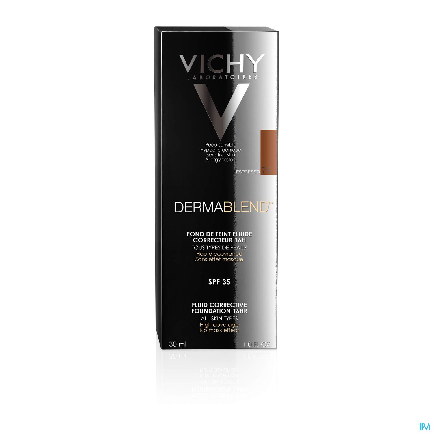 Schachtel mit Vichy Dermablend Flüssigmake-up, 30 ml, SPF 35, für alle Hauttypen.