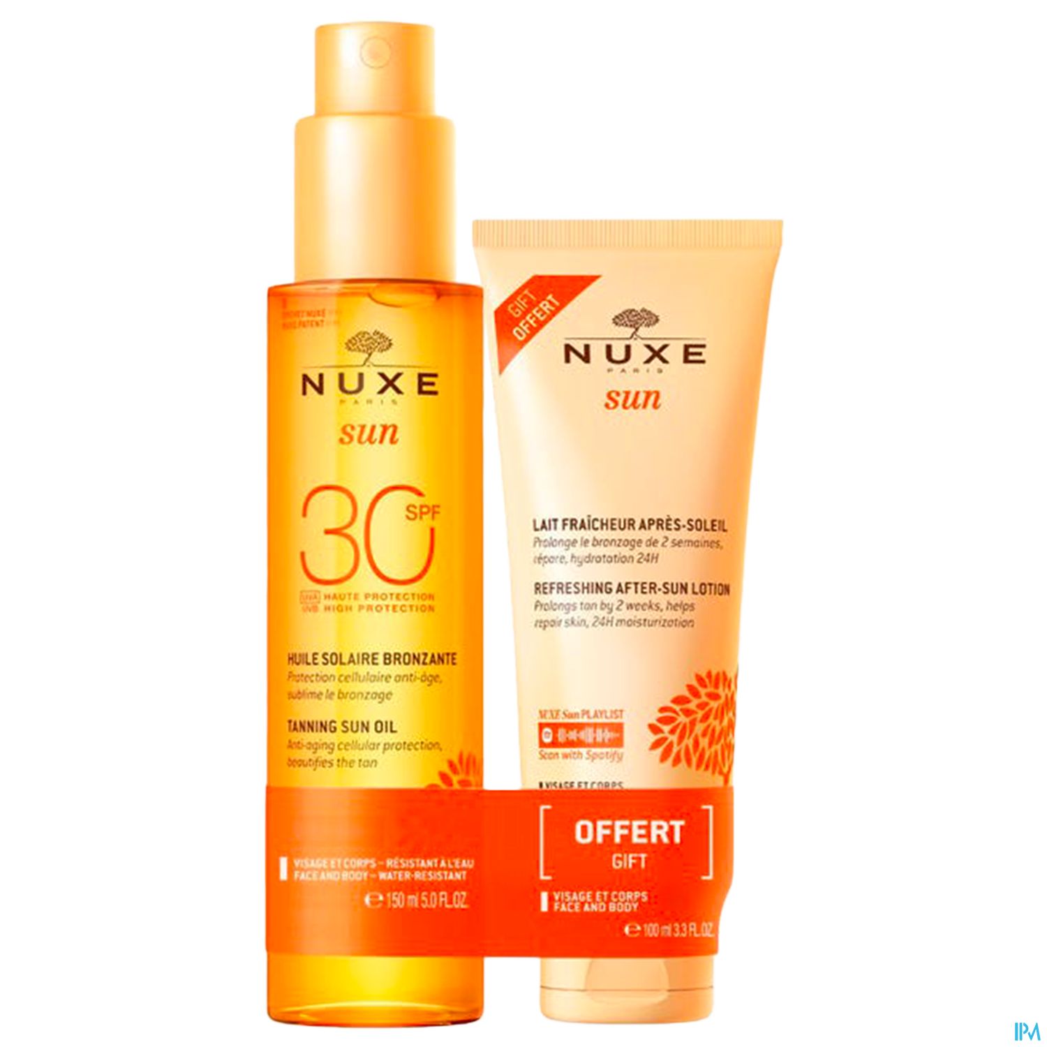 Sonnenöl und After-Sun-Lotion der Marke NUXE, beide in orangefarbener Verpackung, Produktinformationen auf Französisch.