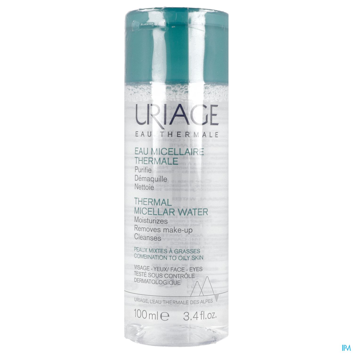 Flasche mit Uriage Thermale Micellar Water, 100 ml, mit grünem Deckel und beschriftetem Etikett.