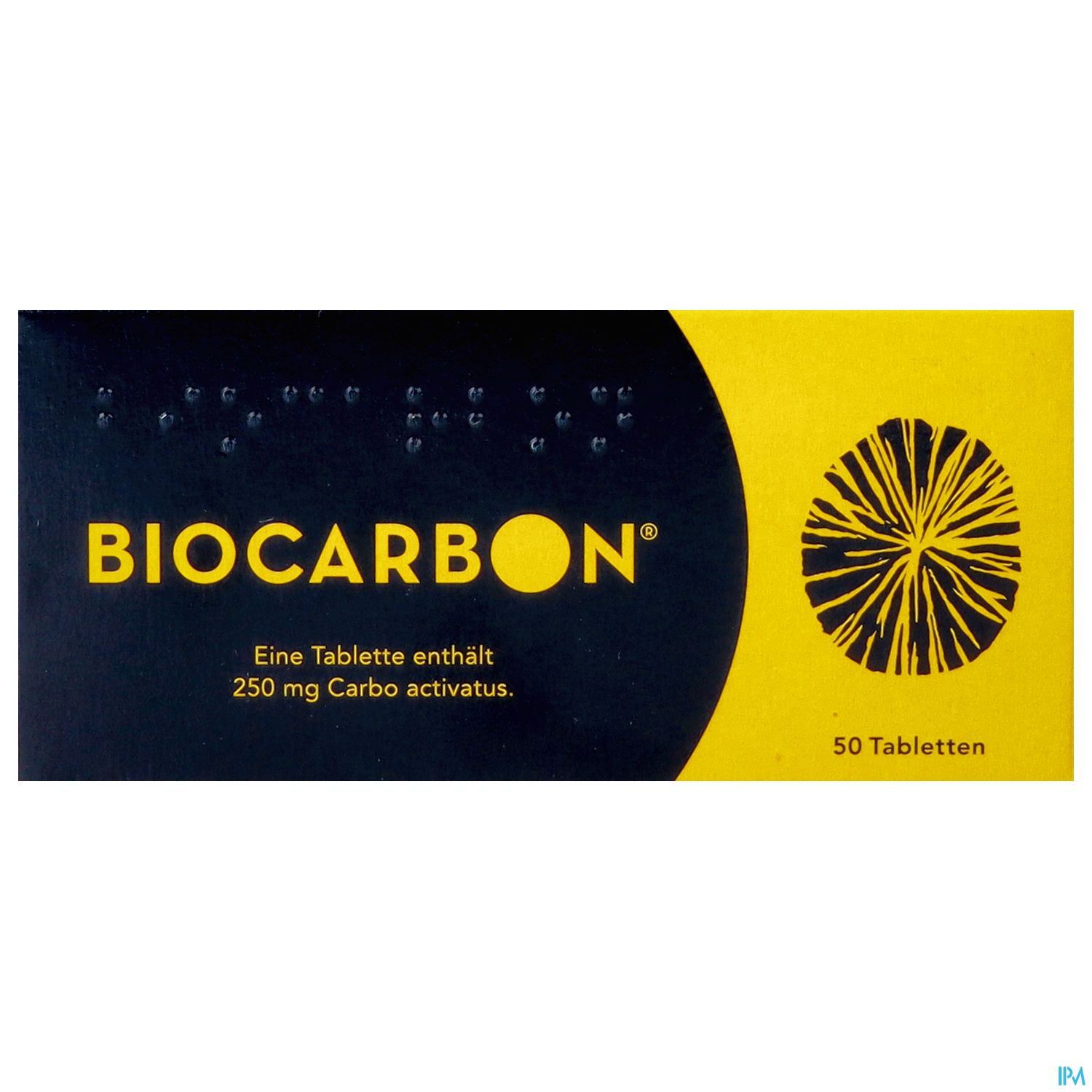 Schachtel mit 50 Biocarbon-Tabletten, mit der Aufschrift "Eine Tablette enthält 250 mg Carbo activatus" auf schwarzem Hintergrund und gelben Akzenten.