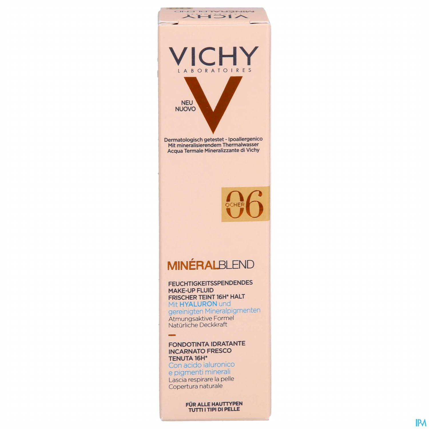 Verpackung eines Vichy Mineralblend Feuchtigkeitsspendenden Make-up Fluids, die Informationen zu Inhaltsstoffen und Anwendung enthält.